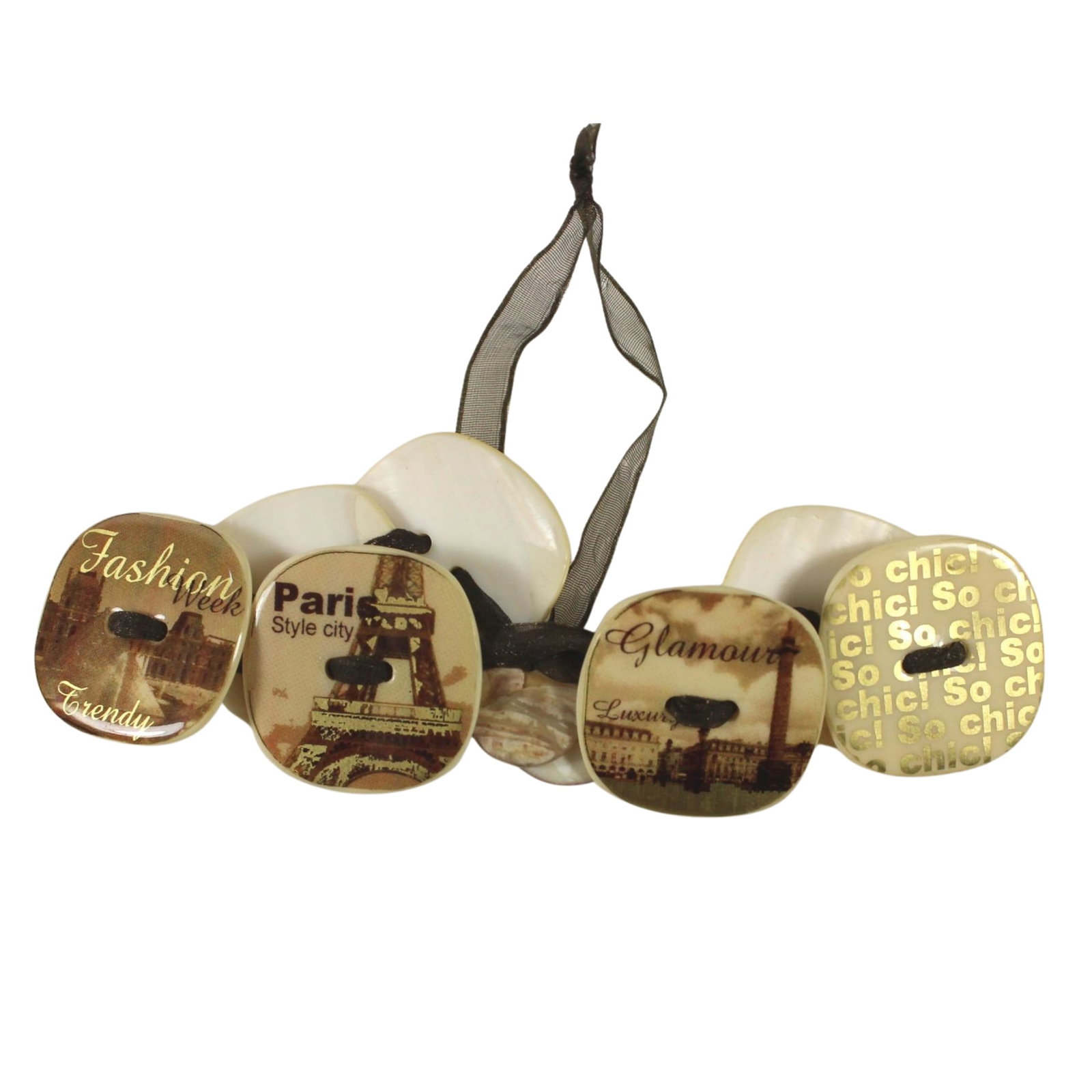 Strung Square Ceramic Buttons with printed images of Paris (7): . Size Closed Length 13cm Medium Bracelets