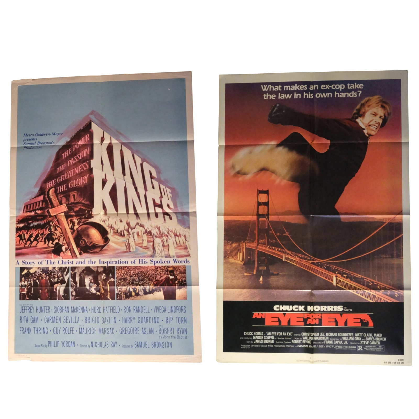 King of Kings, (MGM © 1961), Eye for an Eye (AVCO © 1981), Extremely Fine details: Single-sided-US One Sheet Size 104x68.5 Condition Quad fold, KoK has edge tears and separations on fols Medium Collectables