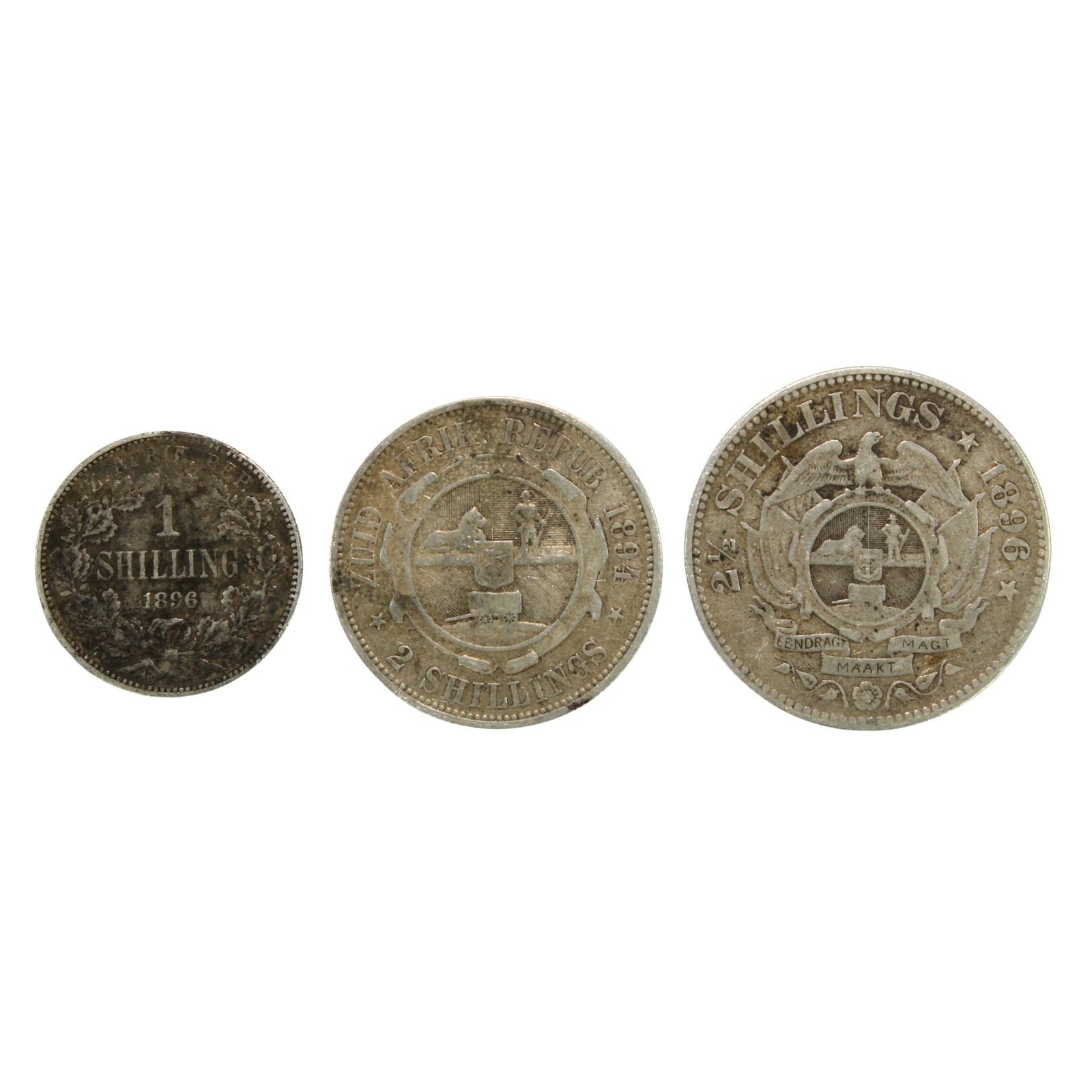 South Africa (ZAR) 1896 Shilling, 1894 2 Shillings & 1896 2-1/2 Shillings V/F or better (3 coins) (1 of 2)