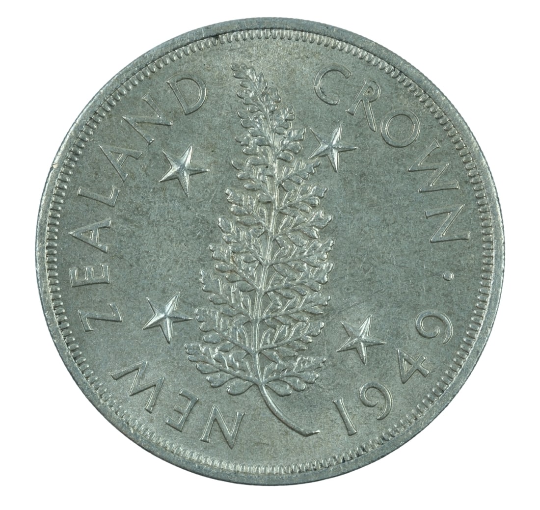 New Zealand 1949 Silver (500) Crown, virtual Gem: Struck for the proposed Royal Visit of George VI Size ASW 0.4546 Troy oz Medium Collectables Exhibited Coins, Australia & New Zealand