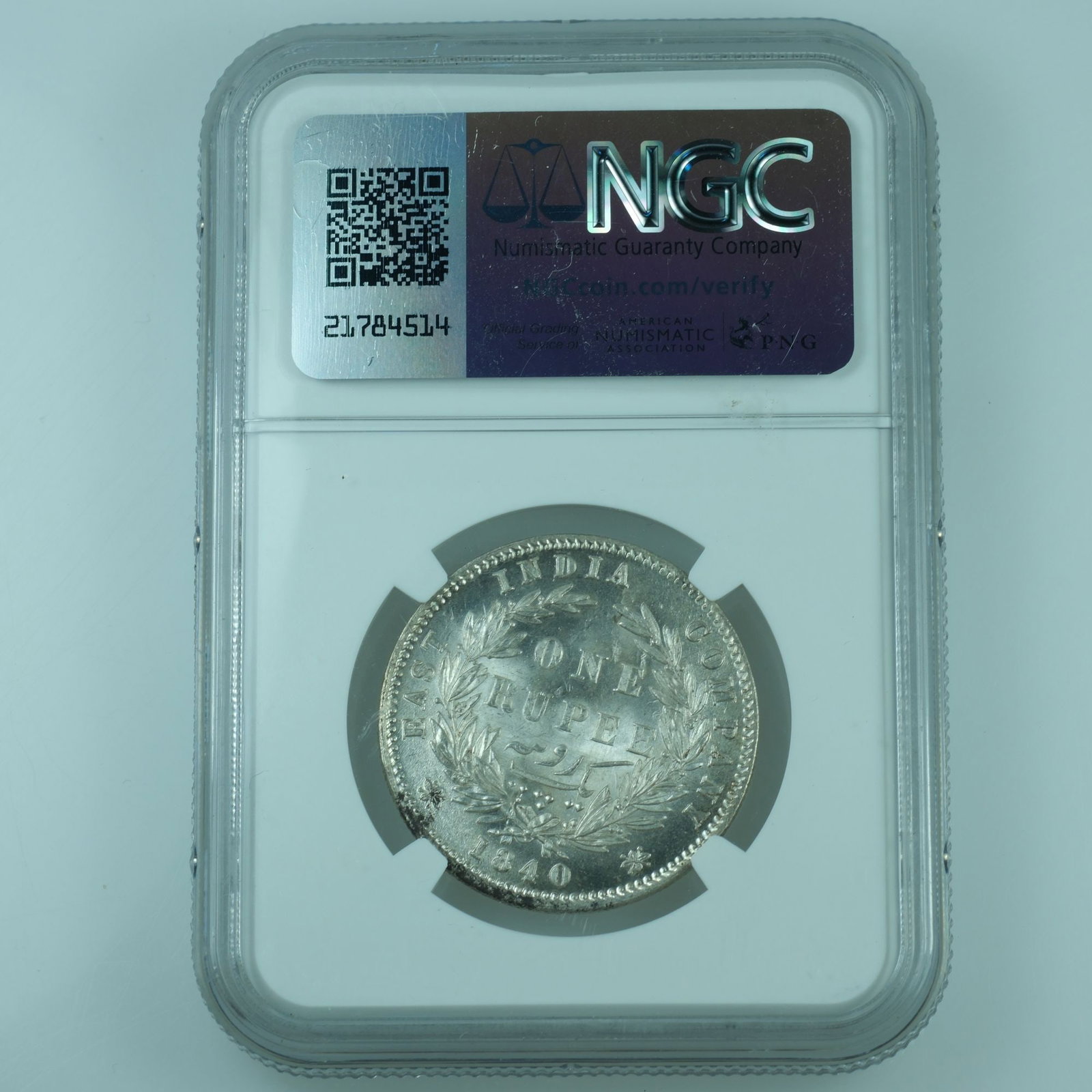 India (British) 1840 (B & C) Silver (917) Rupee, NGC MS63 - 2
