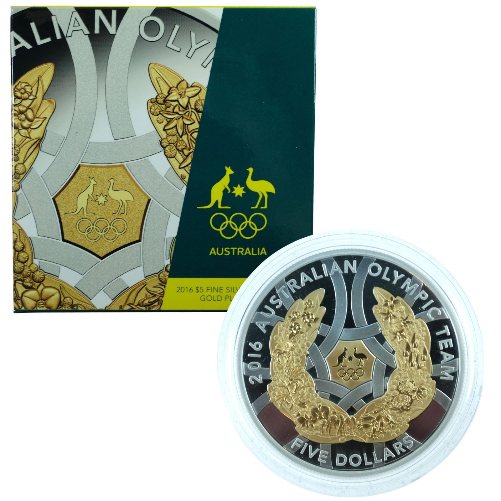 Australia 2016 'Olympic Team' Selectively Gold Plated Silver (999) $5, FDC (1 of 5)