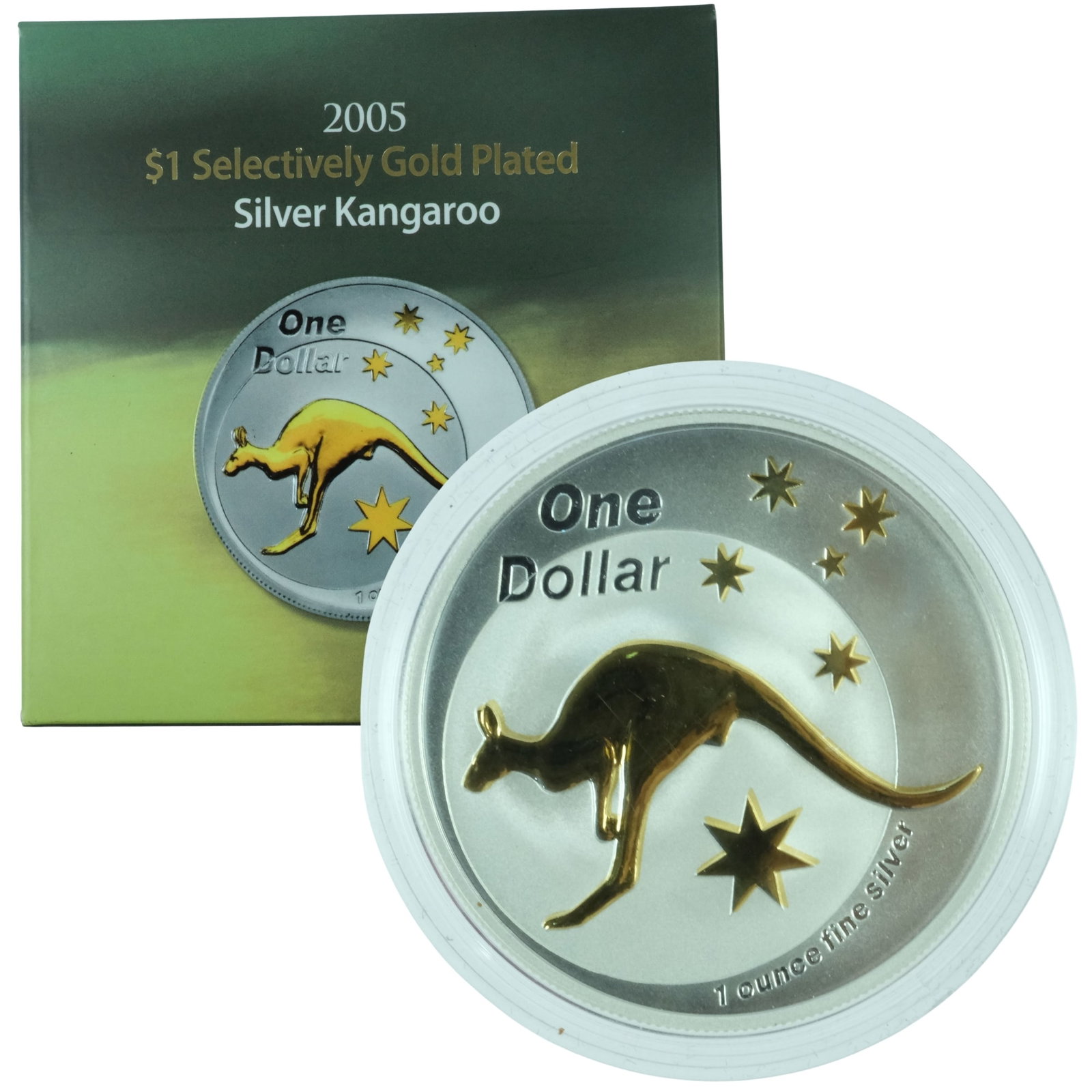 Australia 2005 'Kangaroo' Selectively gold Plated Silver (999) $1, FDC: Cert #5115/12500 Size ASW Troy oz Medium Collectables Exhibited Coins, Australia & New Zealand