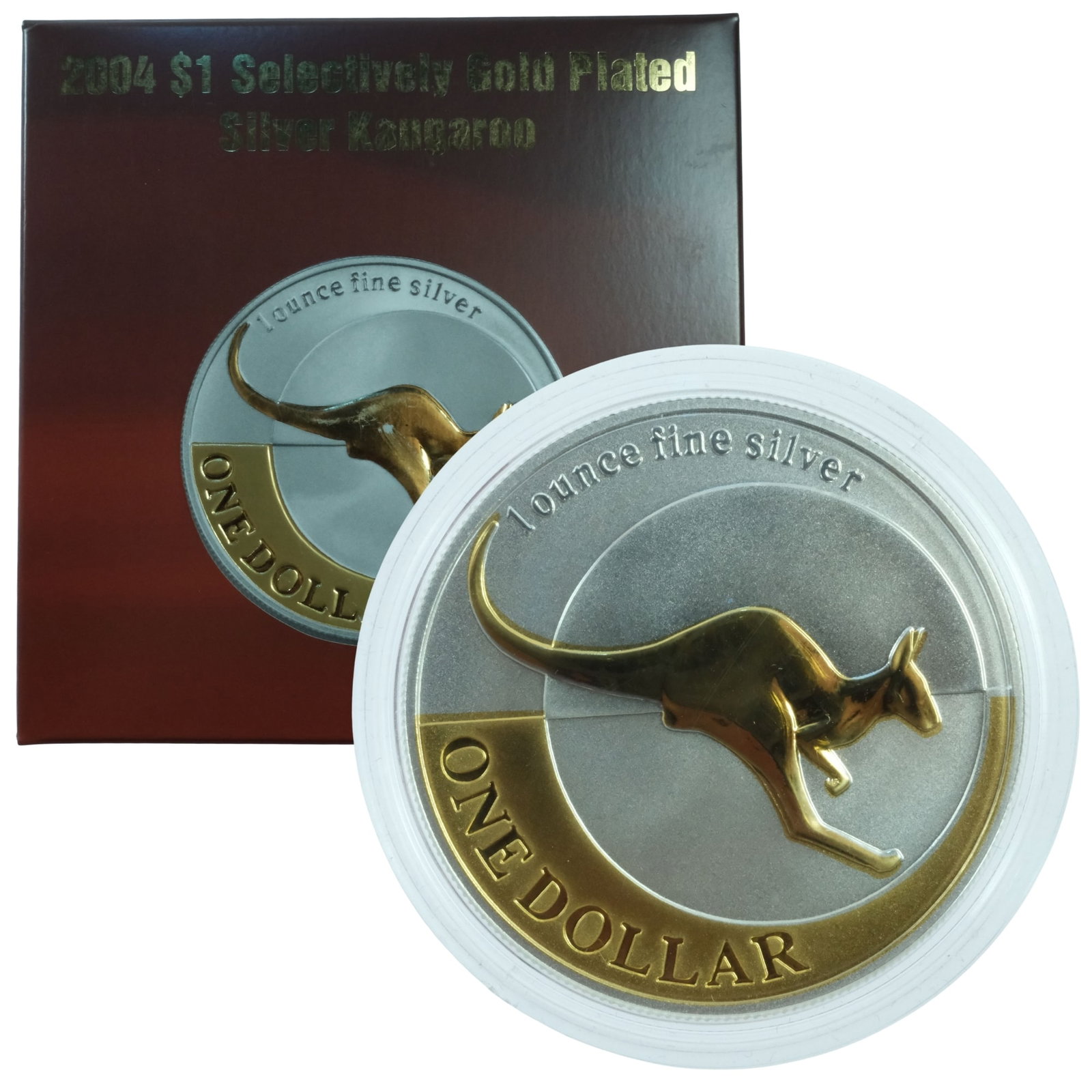 Australia 2004 'Kangaroo' Selectively gold Plated Silver (999) $1, FDC: Cert #7692/12500 Size ASW Troy oz Medium Collectables Exhibited Coins, Australia & New Zealand