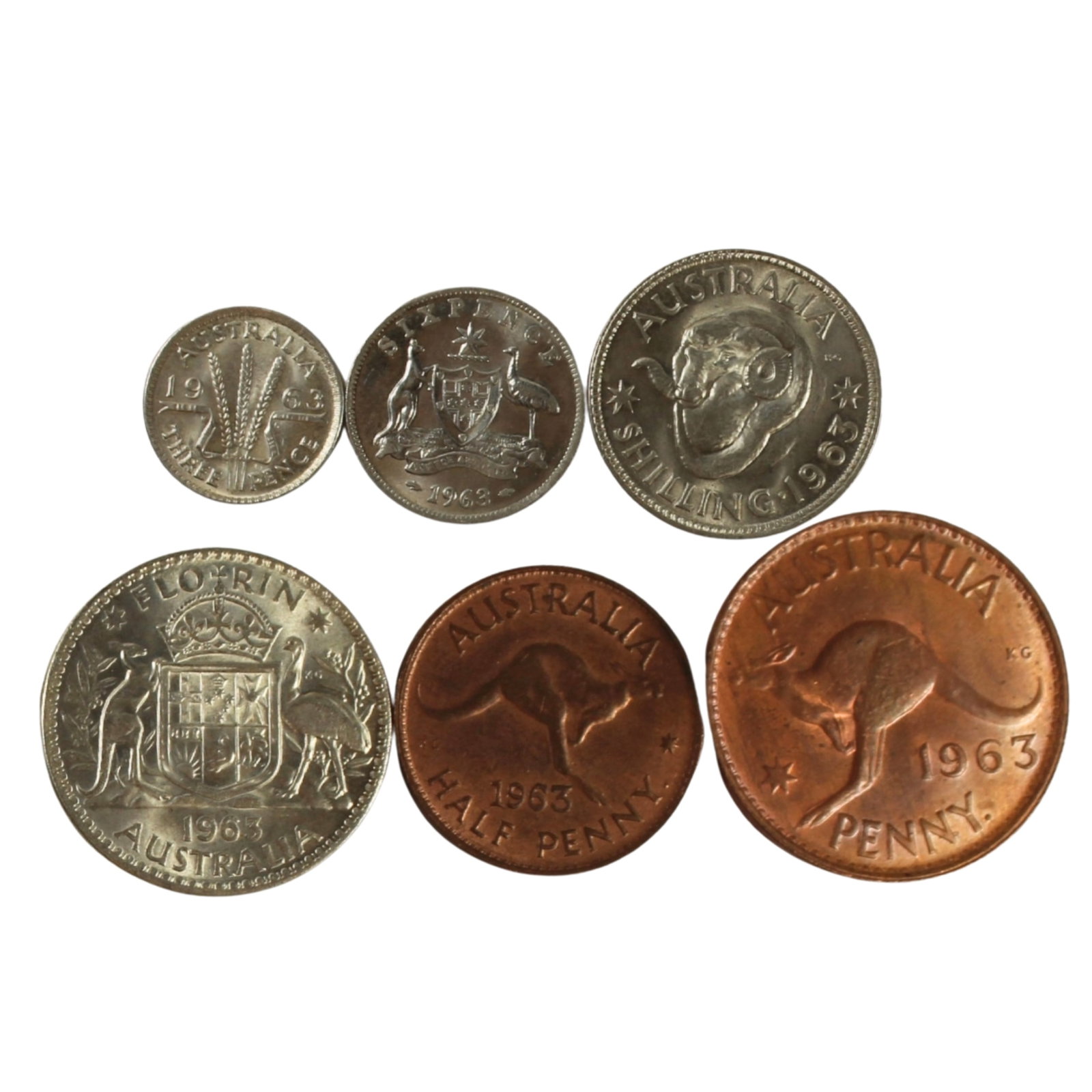 Australia 1963 Copper & Silver (500) Year Set, Choice Uncirculated (6 coins): 1/2d, 1d, 3d, 6d. 1/- & 2/- Medium Collectables Exhibited Coins, Australia & New Zealand