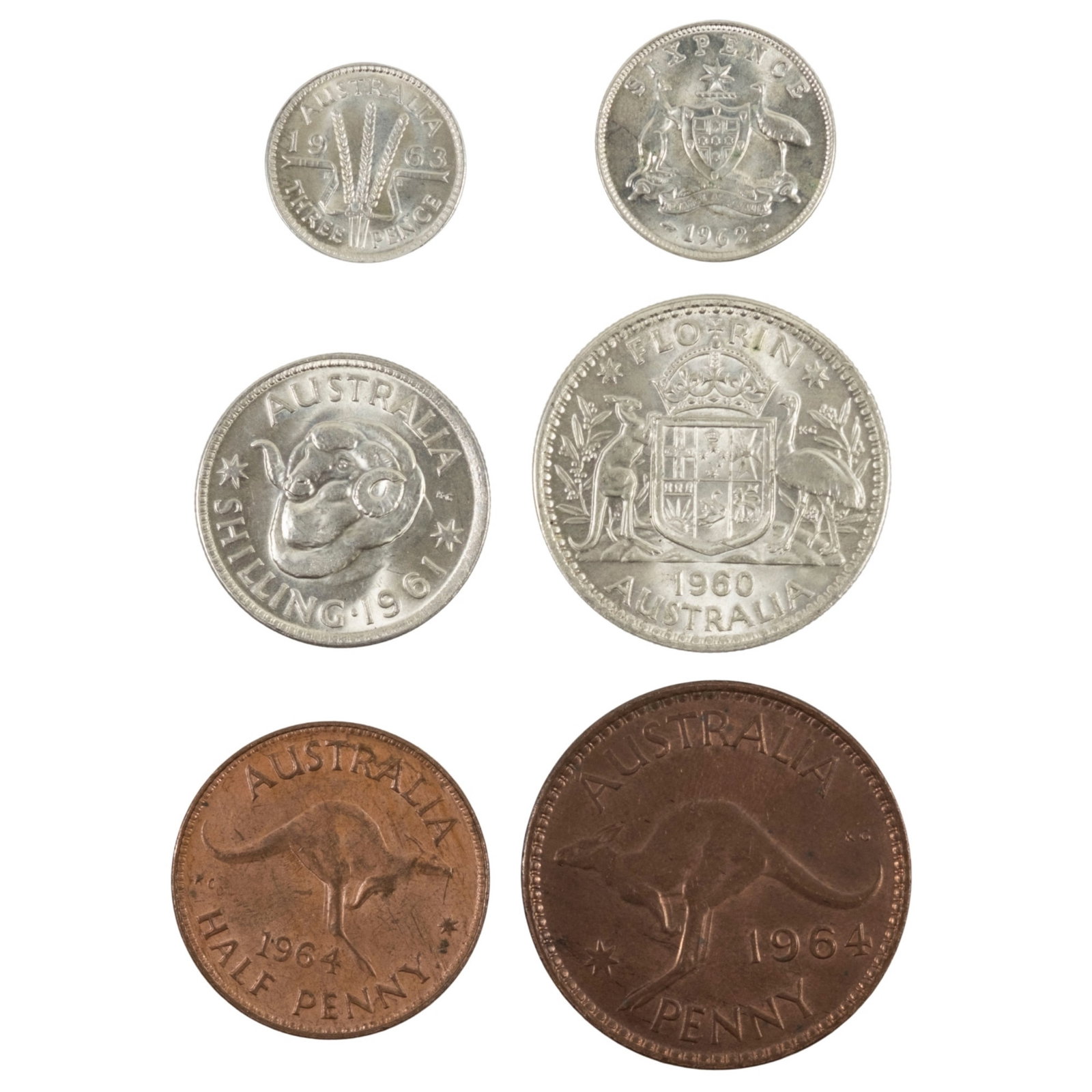 Australia 1960's QEII Silver (500) & Copper Type Set, Choice Uncirculated (6 coins): 1960 2/-, 1961 1/-, 1962 6d & 1963 3d, 1964 (M) 1d & 1964 (P) 1/d Size ASW 0.2861 Troy oz Medium Collectables Exhibited Coins, Australia & New Zealand