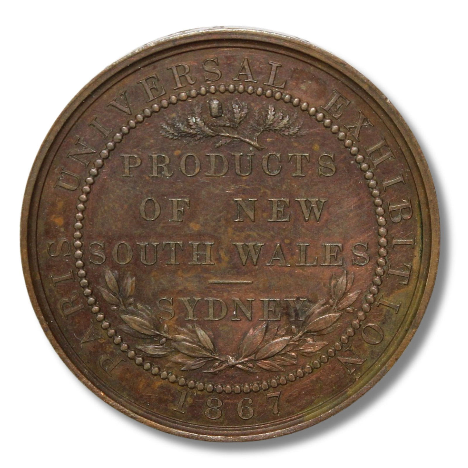 Australia 1867 'Paris Universal Exhibition/Products of NSW' Bronze Medal, Uncirculated: Only 30 stuck in bronze by the Sydney Mint and most not this nice Edge inscribed "For Services Doctor Fletcher" Size Diameter 39.2mm Medium Collectables