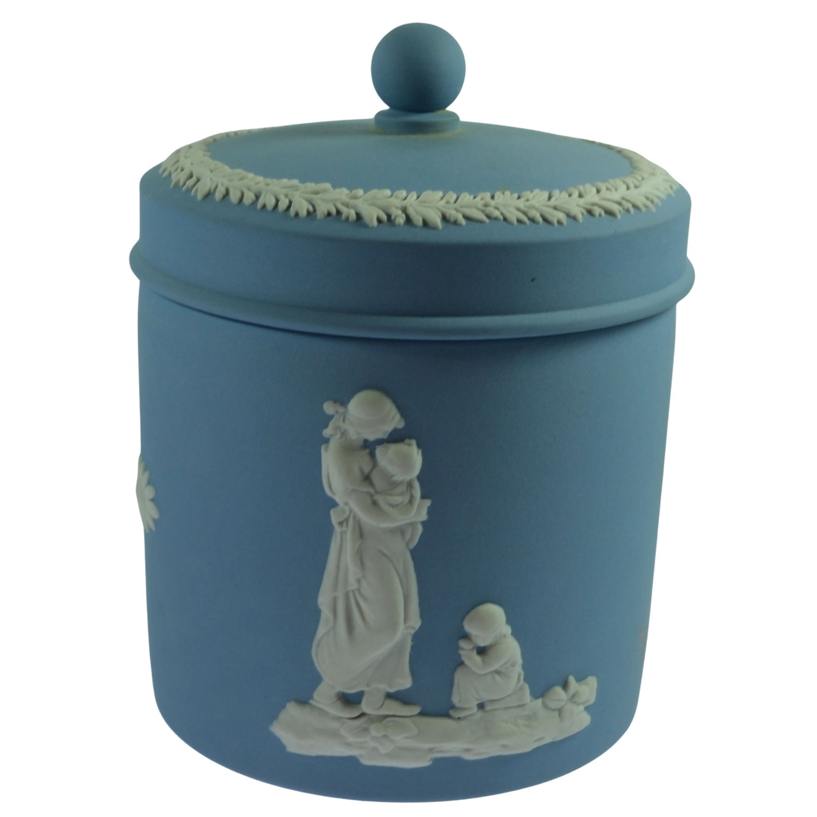 Wedgwood Jasperware Round Lidded Dresser Box: Repeating Mother & Child Decoration Size Stands 10cms