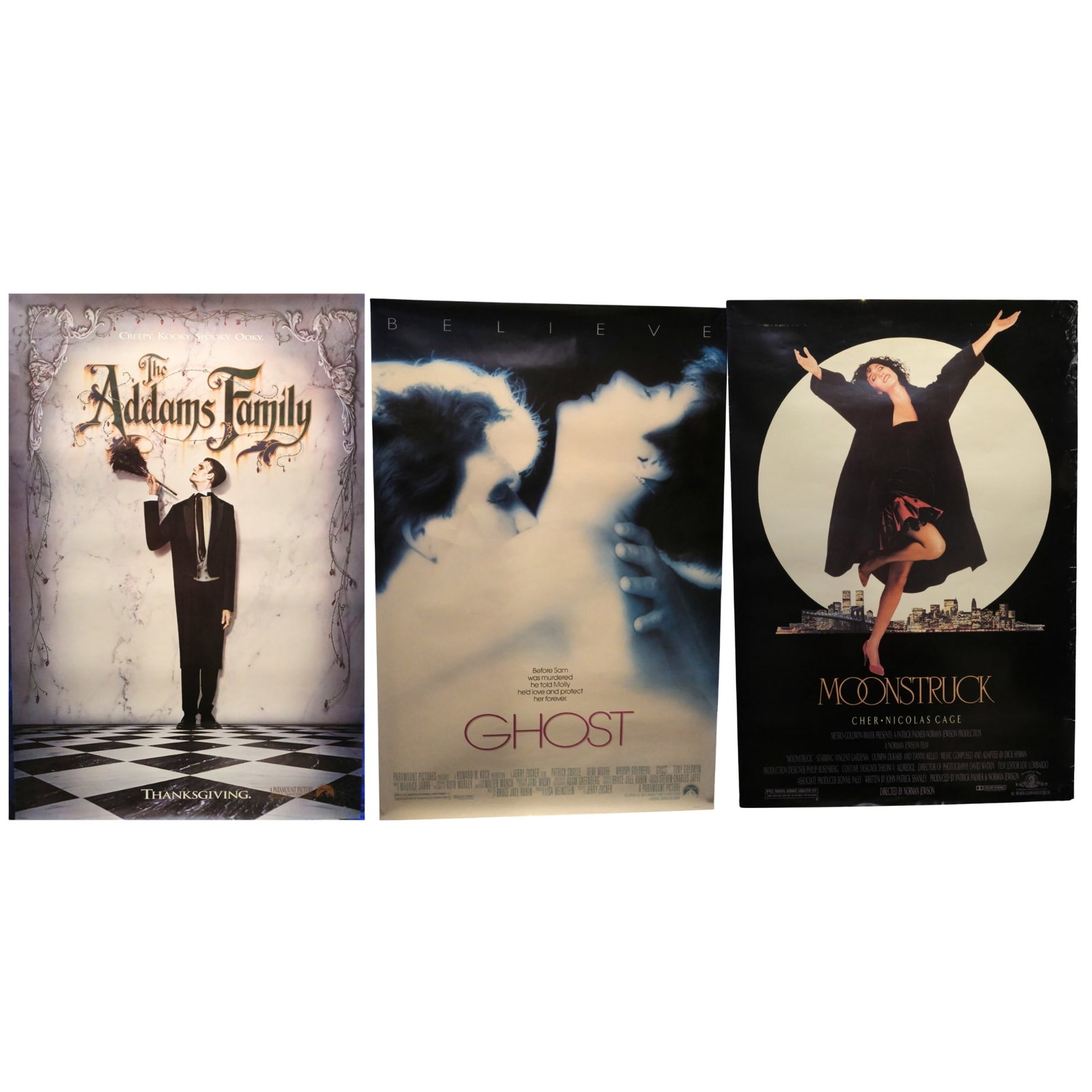 Ghost & Adams Family (Paramount © 1990 & 1991) & Moonstruck (MGM ©1 987), near Mint (2) & : Single-sided - US One Sheets Size 101x68.5cms Condition Moonstruck substantially damaged along right edge Medium Collectables