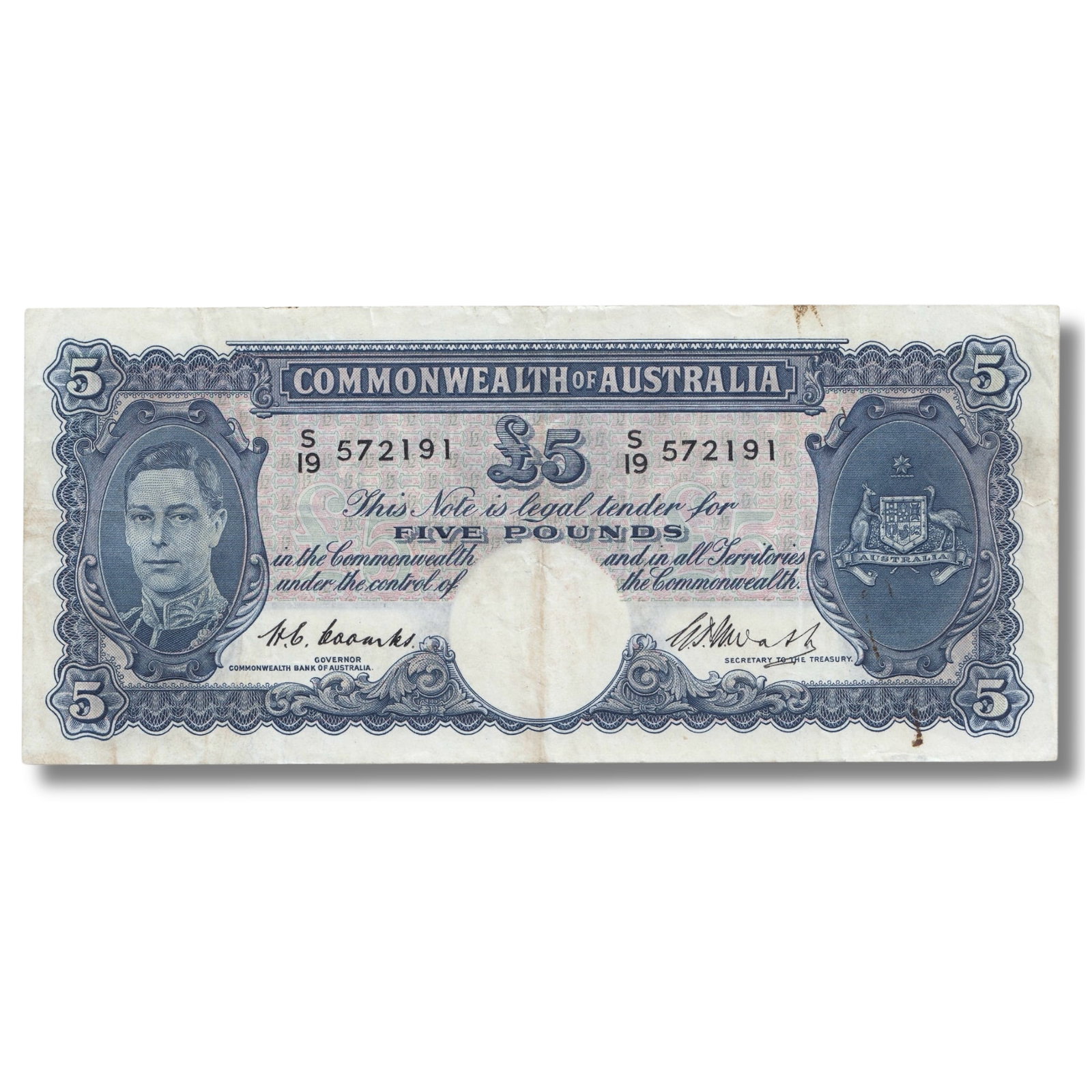 Australia 'Coombs - Watt' £5 (1949), good Very Fine: Renniks# 47 : Serial# S/19 572191 Condition Crisp. A few small stains Medium Paper Money, Australia & New Zealand