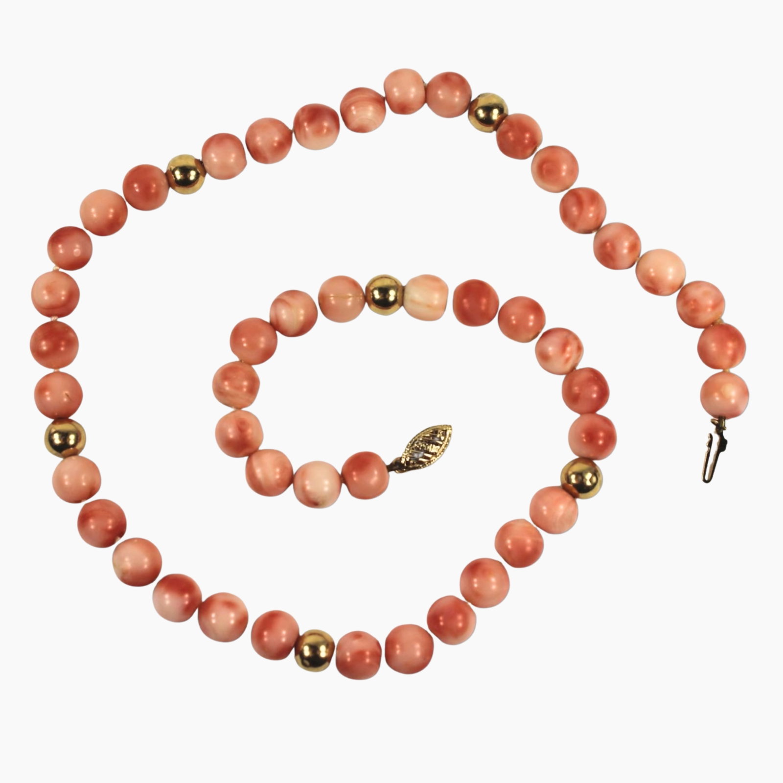 Pink Coral Necklace with 14ct Yellow Gold Clasp: Interspersed with 14ct Yellow Gold Beads Size Open length 40cms : Beads measure 7.5mm Medium Necklaces & Pendants