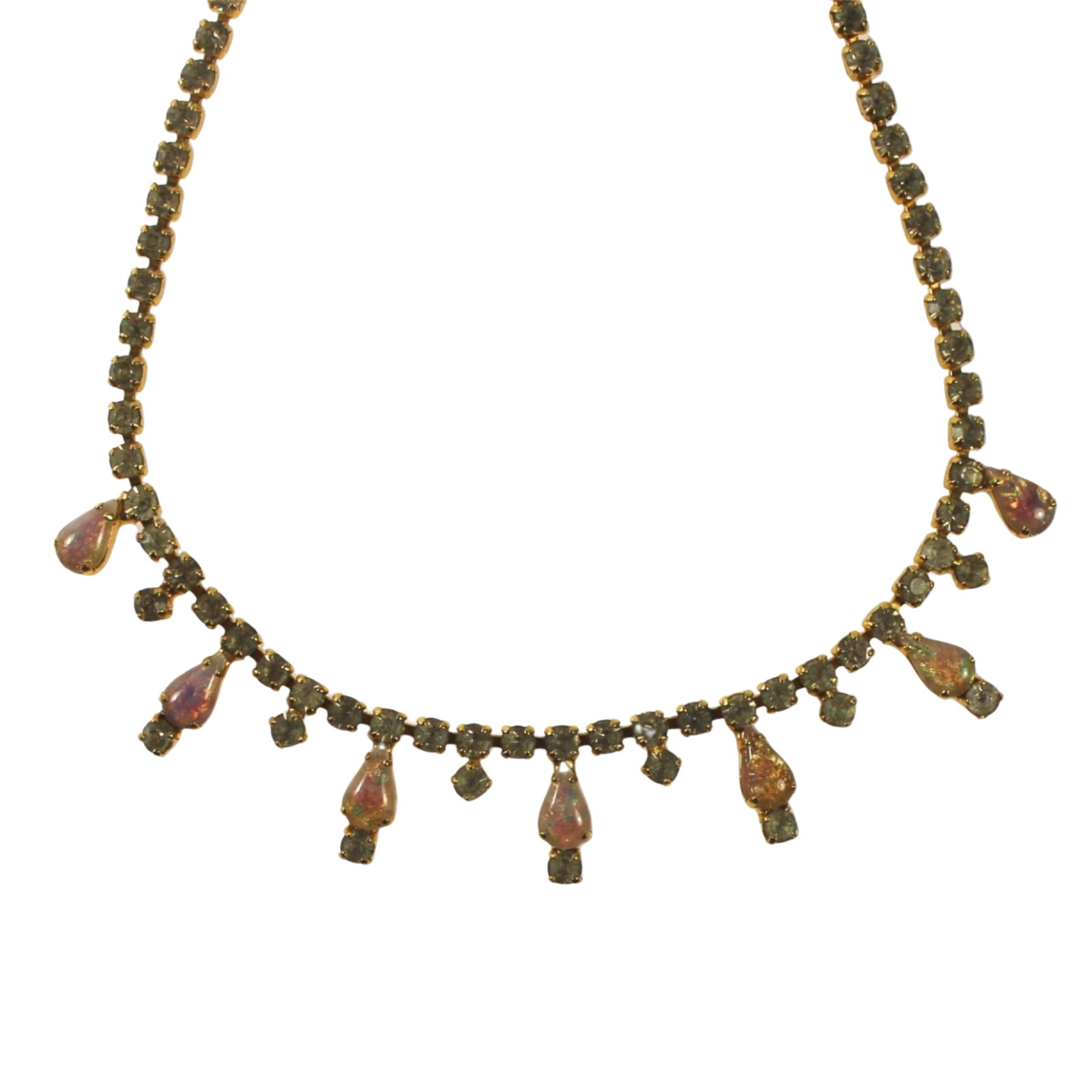 Costume Gold Necklace with Faux Diamonds & Opals: Stylish Size Open length 40cms Medium Necklaces & Pendants