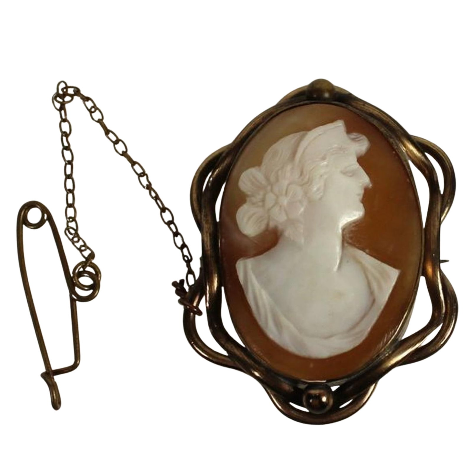 Vintage Shell Cameo Brooch in Base Metal with Safety Chain: . Size 4x3cms Medium Pins & Brooches