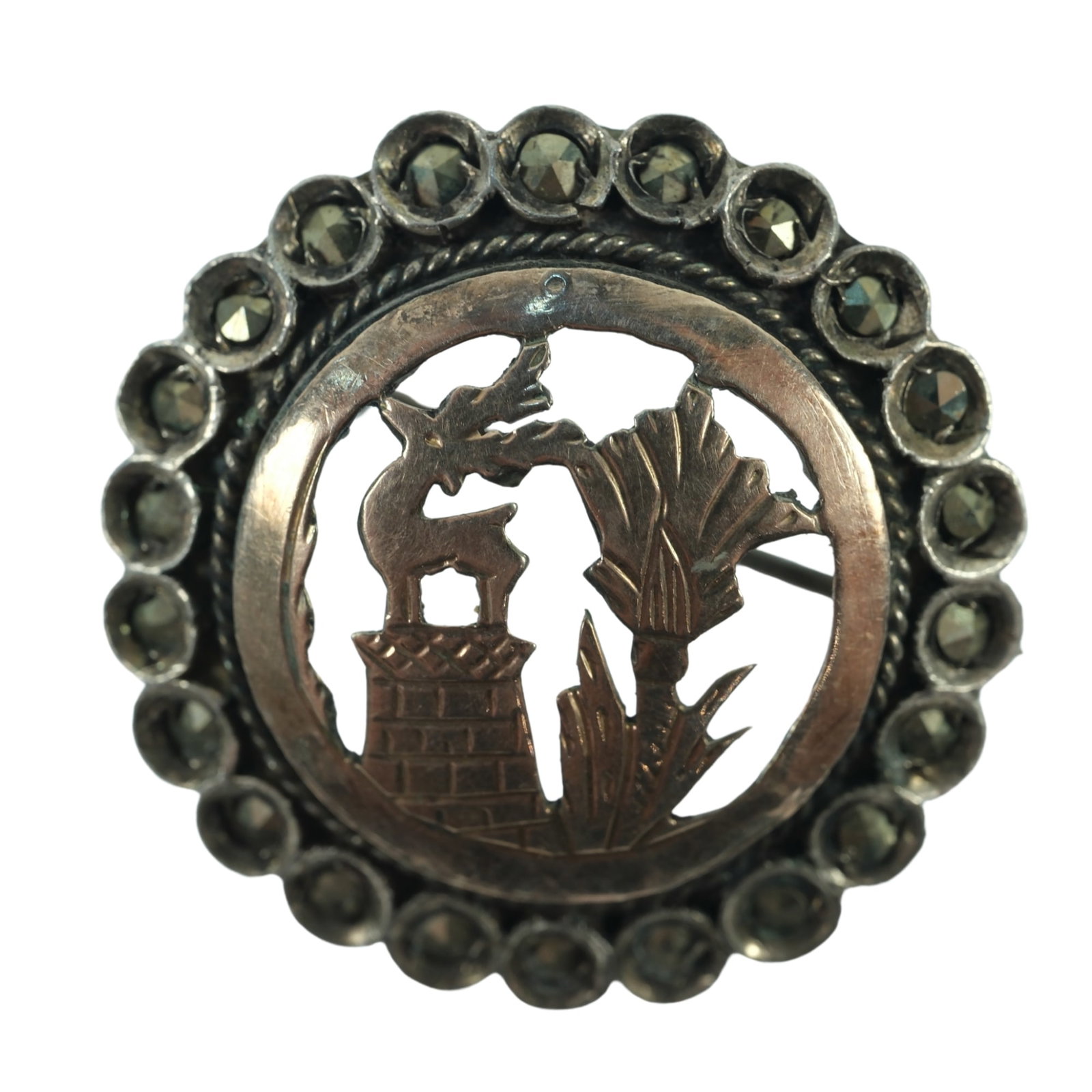 Scottish Brooch in Sterling Silver with Copper Motif of a Stag & Thistle: . Size Diameter 2.5cms Medium Brooch