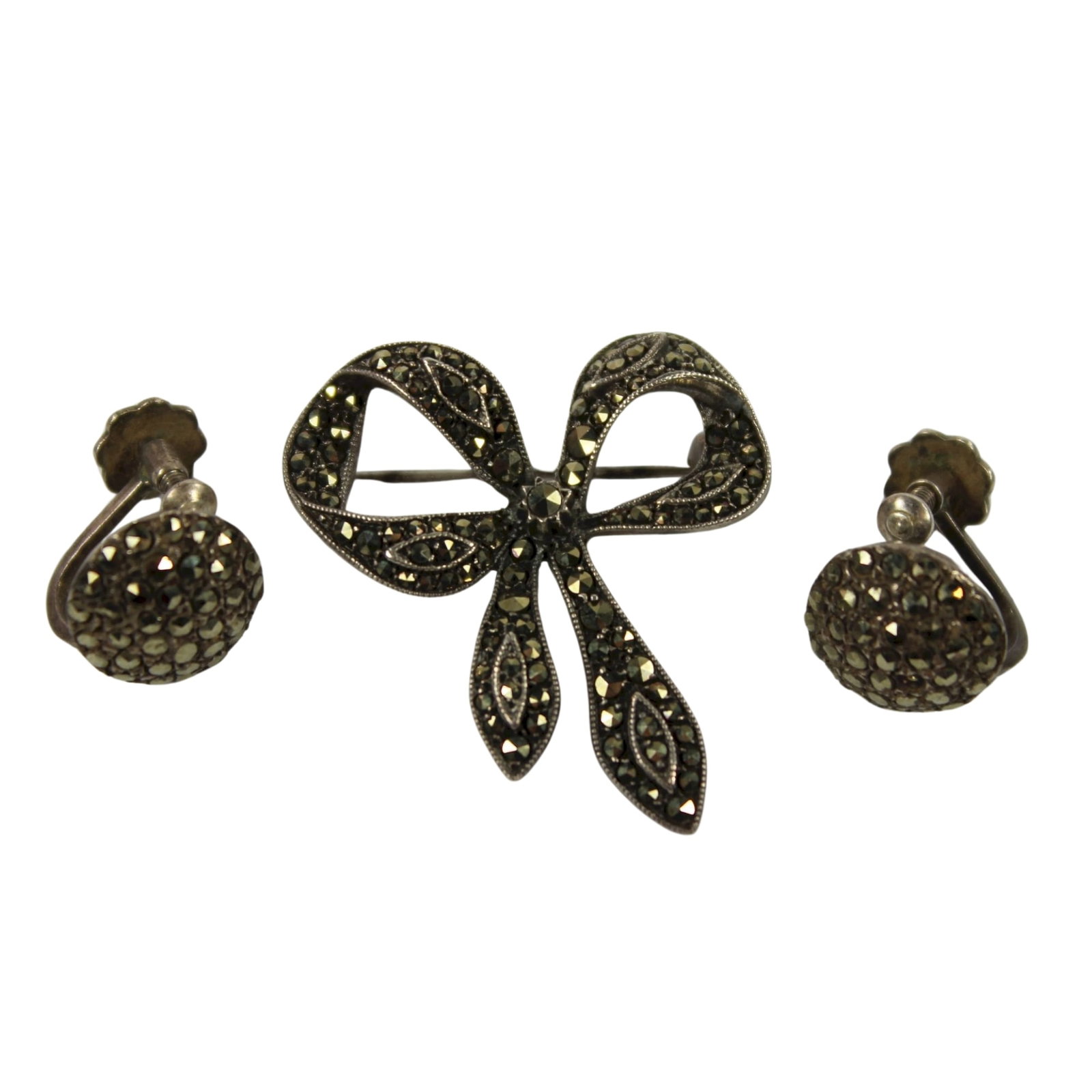Vintage Marcasite Earrings & Brooch in Sterling (925) Silver (3 items): . Size Length (Brooch) 3cm : Diameter (earring) 1.2cm Medium Pins & Brooches