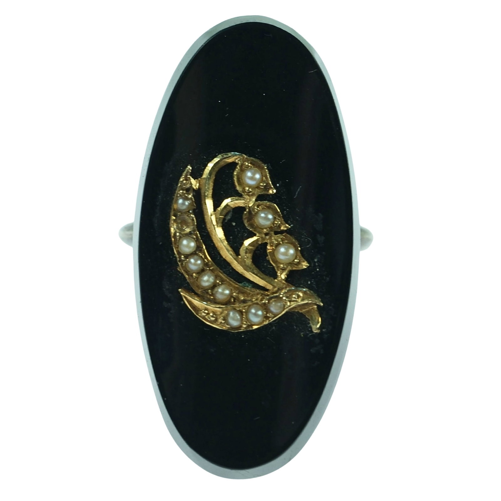 Bakelite Ring inset with stylised Gold (585) & Pearl Motif and a Sterling (925) Silver Shank (1 of 2)