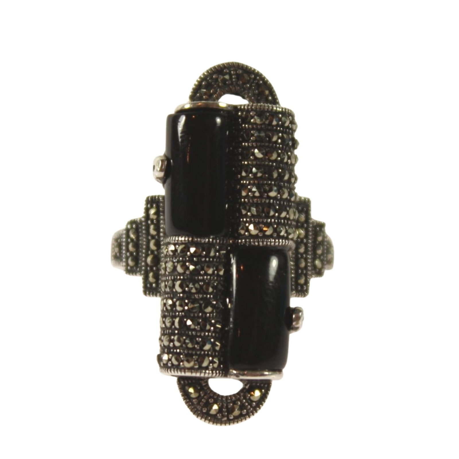 Deco-inspired Black Onyx & Marcasite Ring in Sterling (925) Silver (1 of 1)