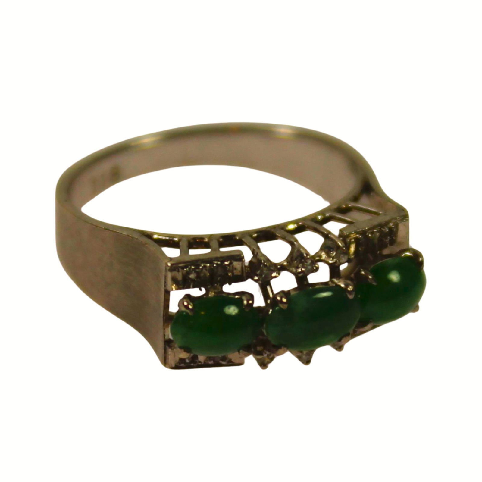 Vintage Jadeite & Diamond Ring in White Gold: Stamped 18ct but it tests 7ct. Hong Kong Jewellers in the 1960's were notorious for swindling tourists by alloying Gold with Palladium & Silver and stamping it as high-carat Gold. Size Size L . Total