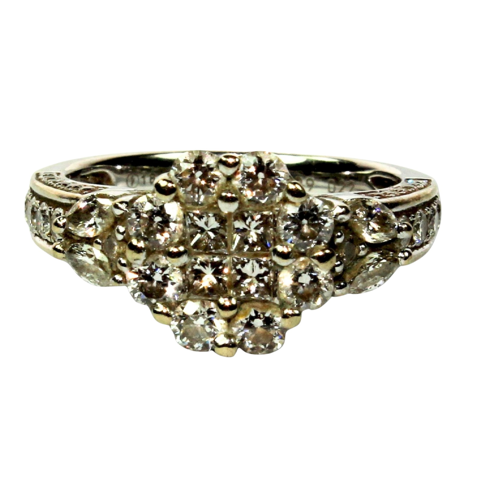 Diamond Cluster Ring in 18ct White Gold: Flanked by additional Diamonds top & sides Size Size M : Total weight 5.65gms : Length 1.7cm : Width 1.5cm : Height 1.1cm Medium Rings
