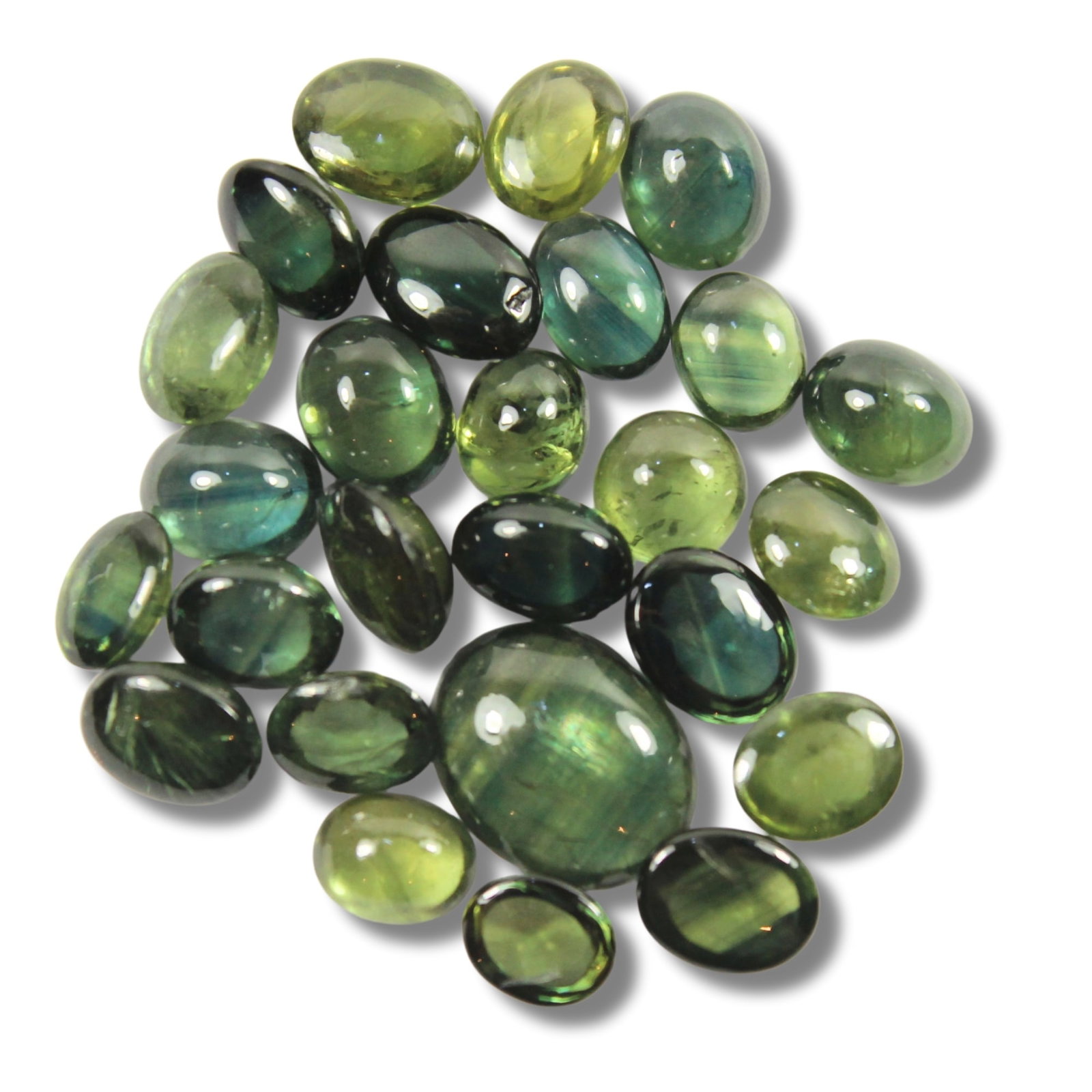 Green Cabochon Sapphires (26): Suit Jewellery Size Total 25.05 carats Medium Loose Stones & Beads Exhibited Sapphires