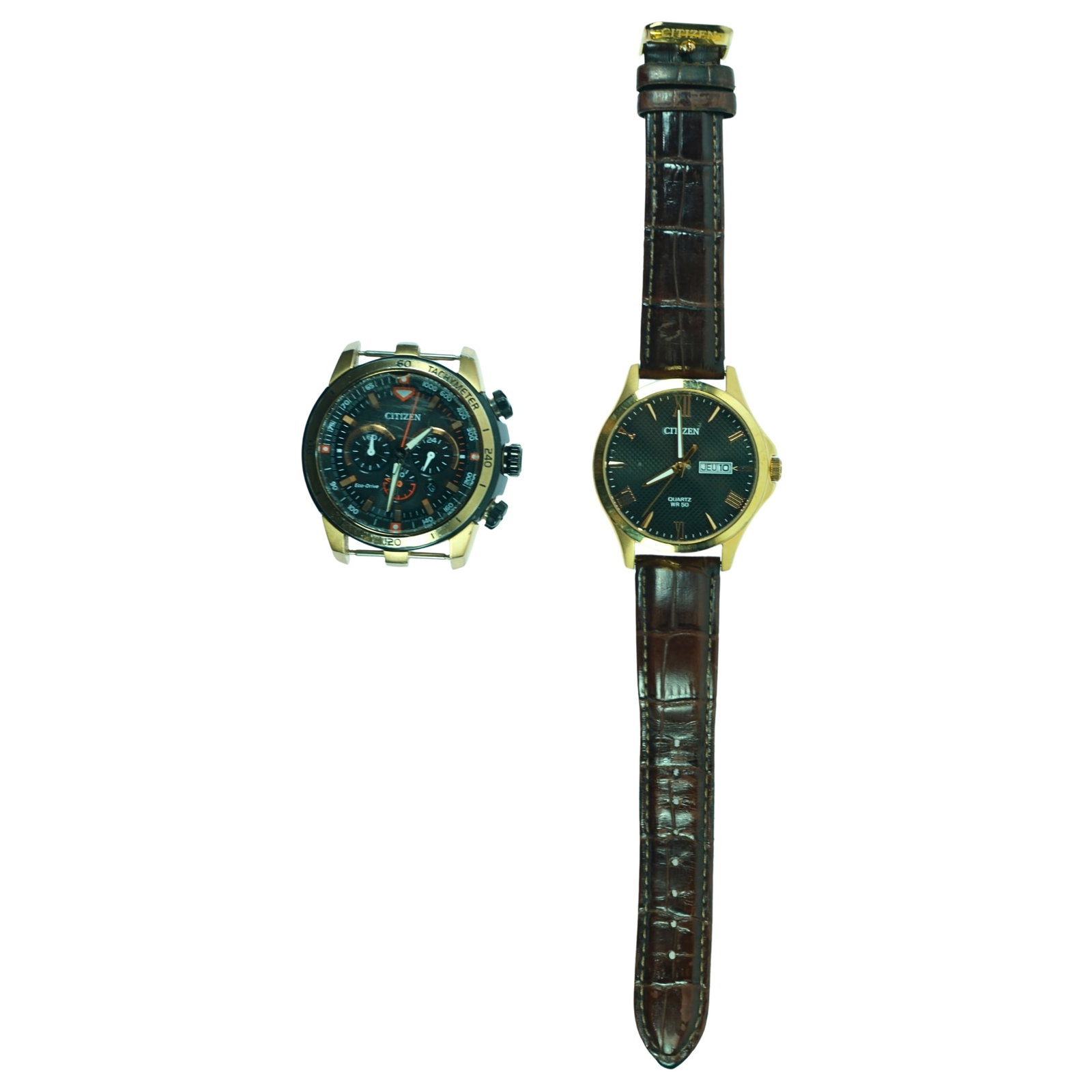 Citizen Brand Eco-Drive Solar Quartz Tachymeter & Quartz Dress Watch (2 items): Model B620 - S100283 & 1502 - S 118557 Condition Untested. Tachymeter has scuffed Dial Medium Watches Exhibited General