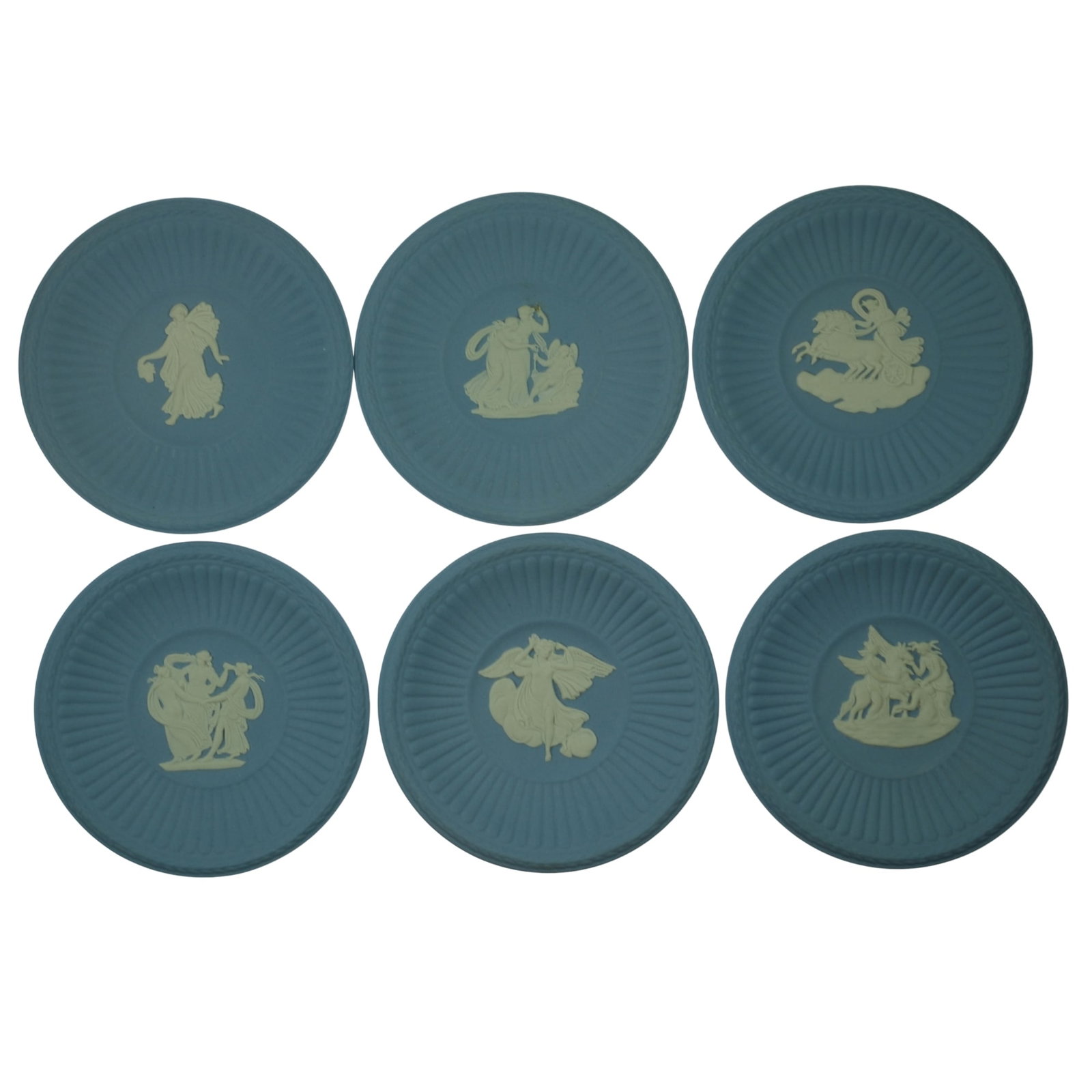 Wedgwood Blue Jasperware Plates (Set of 6): Classical designs Size Diameters 7.5cm each