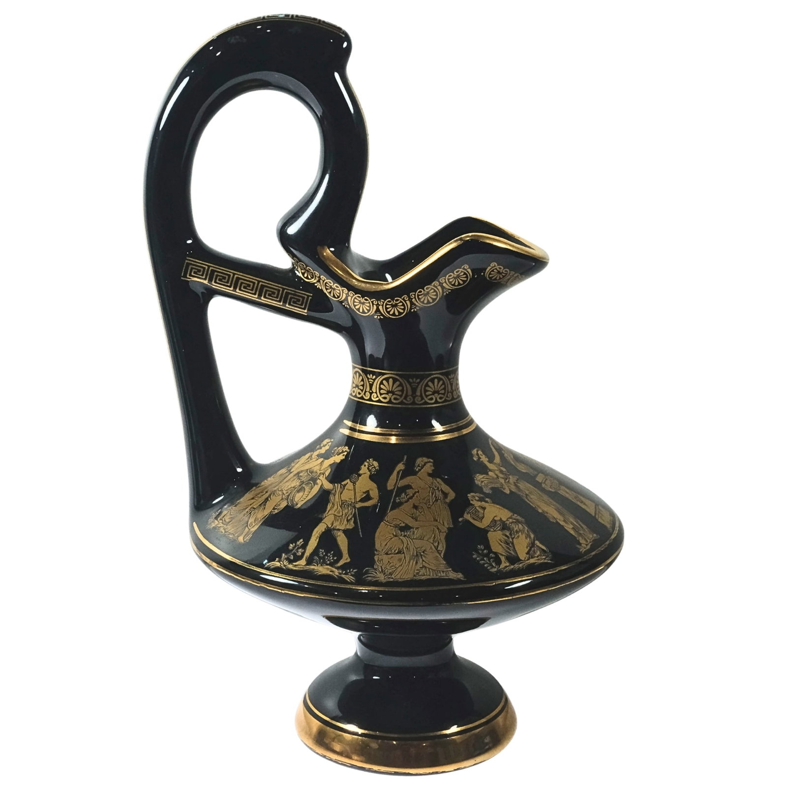 Black grecian Urn with gilded Classical figures: Base reads No. 716/8. Hand-made in Greece in 24 K Gold by D. Vassilopoulos Size Stands 23cm