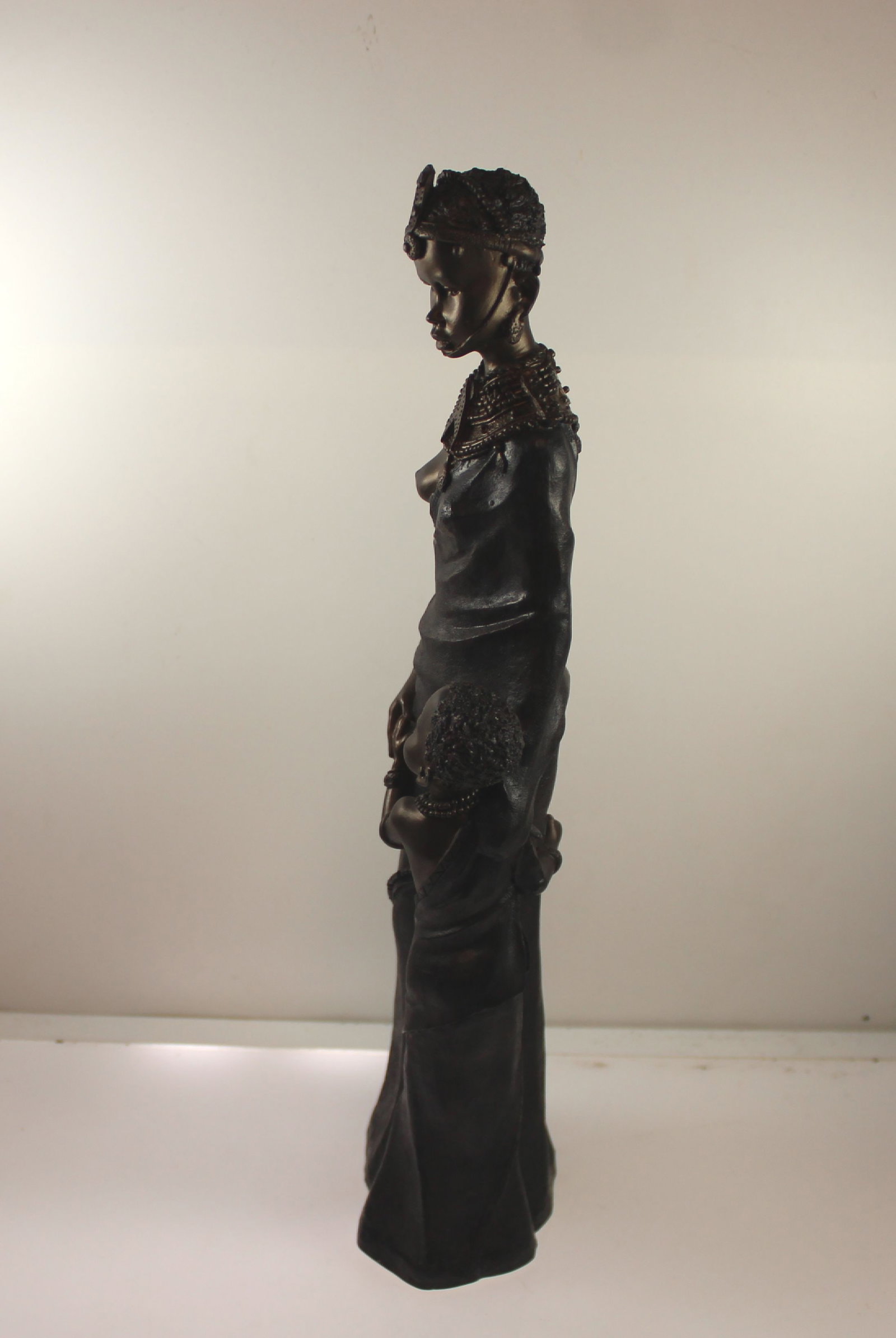 Bronzed Porcelain Statue of an African Native Female and Small Child - 3