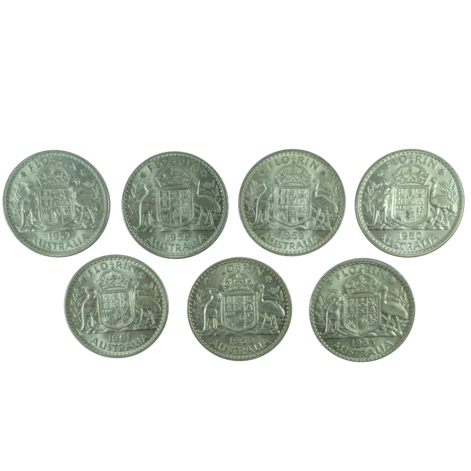 Australia 1957, 58, 59, 60, 61, 62 & 63 Florins, Choice Uncirculated (7 coins): QEII Size Combined ASW 1.2726 Troy oz