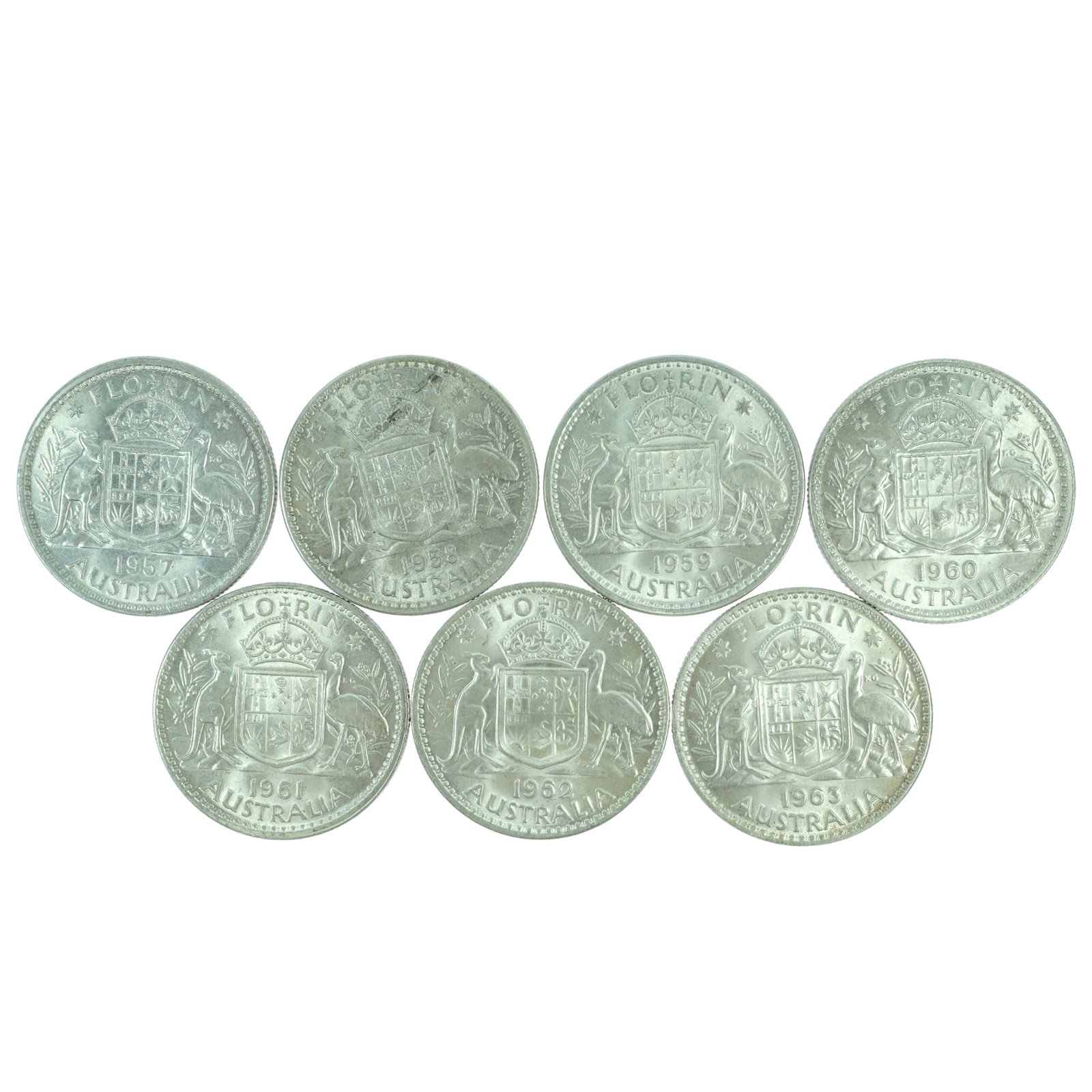 Australia 1957, 58, 59, 60, 61, 62 & 63 Florins, Choice Uncirculated (7 coins): QEII Size Combined ASW 1.2726 Troy oz