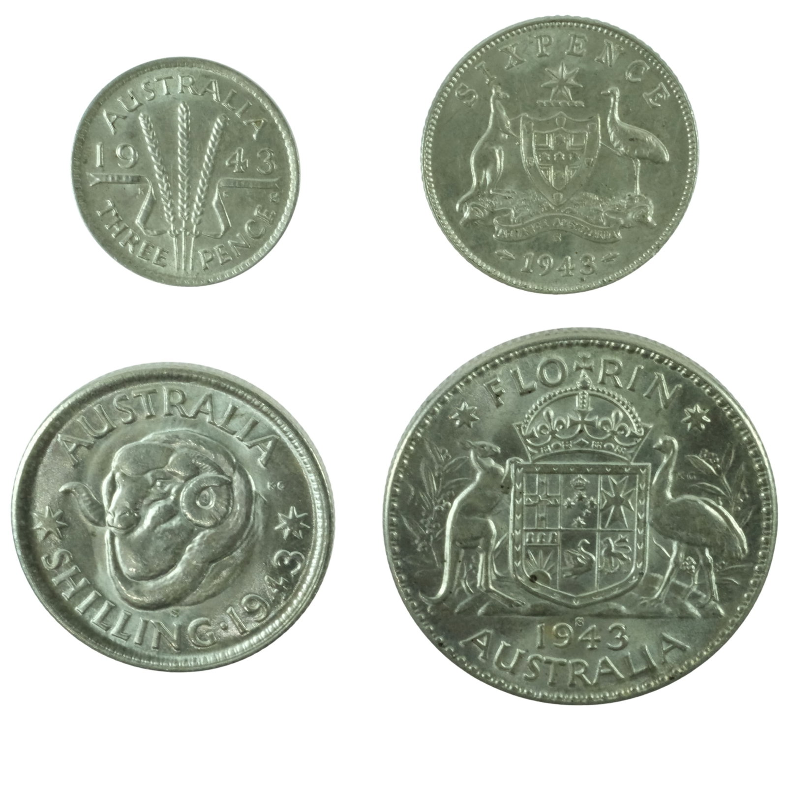 Australia 1943 S Silver (925) 3d, 6d, 1/- & 2/- Set, Lustrous Uncirculated (4 coins): San Francisco Size Combined ASW 0.6305 Troy oz