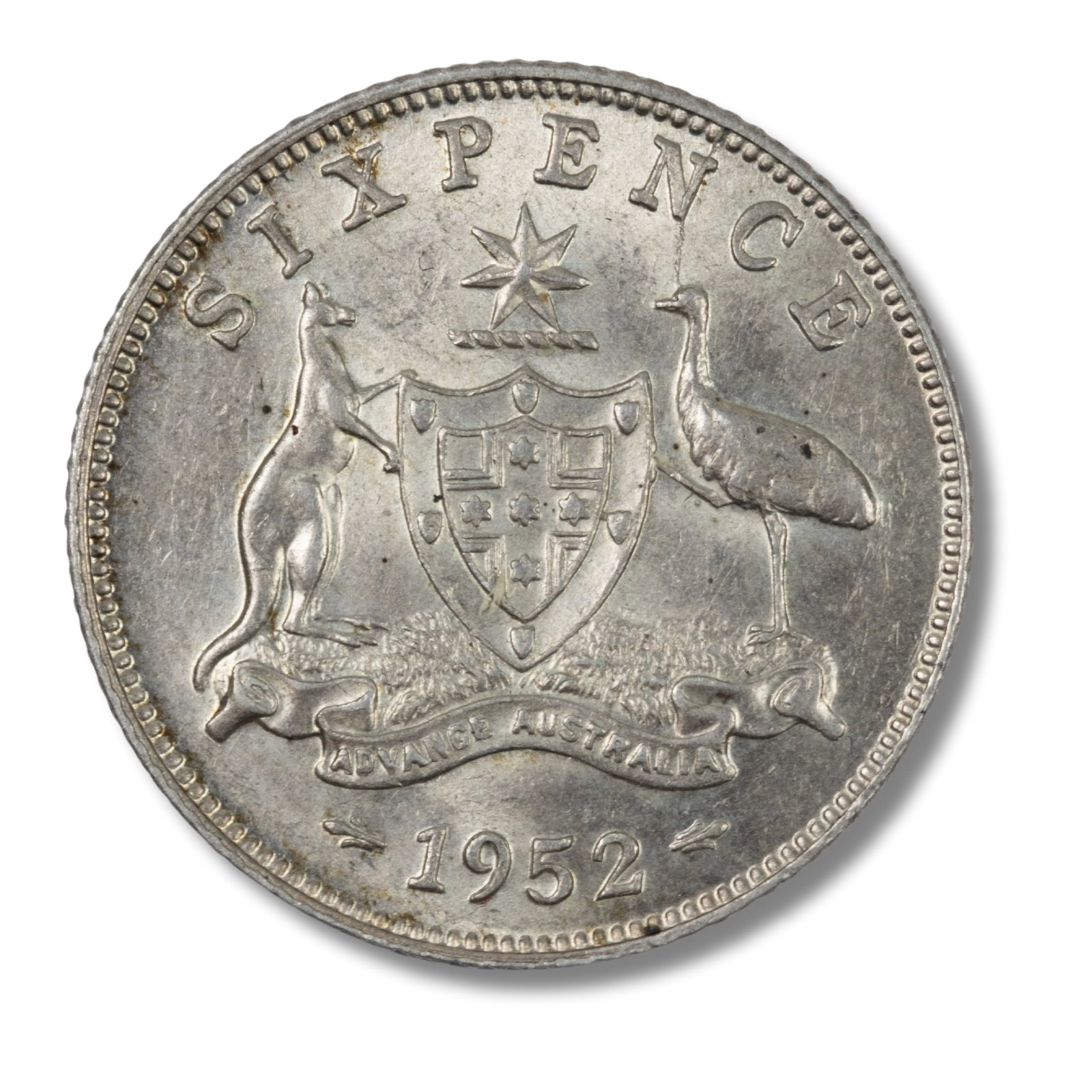 Australia 1952 Sixpence, about Uncirculated: Key Date Condition Die fault across portrait Medium Coins, Monies & Stamps Exhibited Coins, Australia & New Zealand