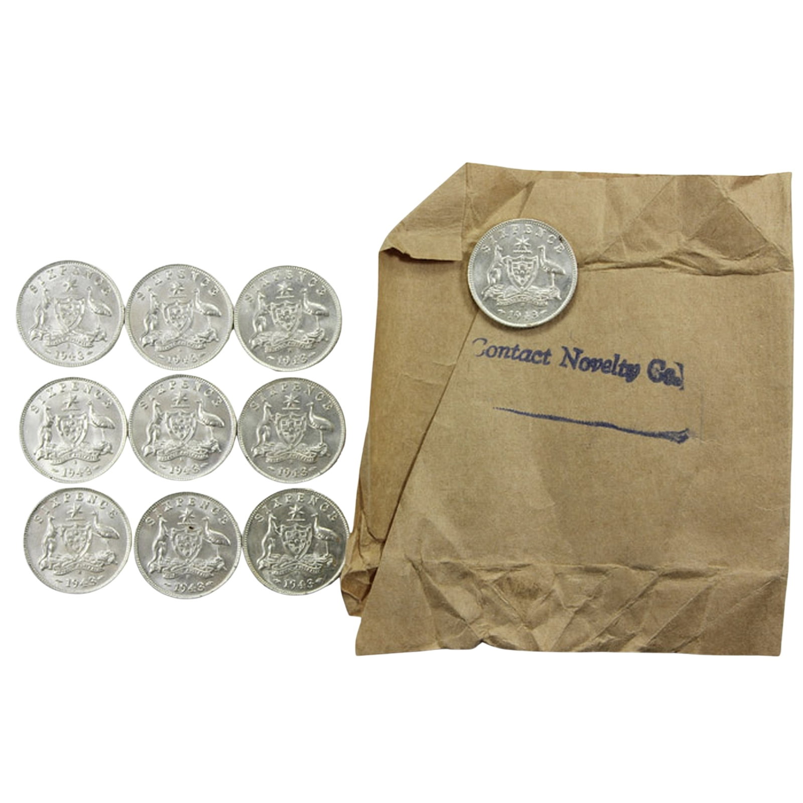 Australia 1943 S Sixpence, Uncirculated to Choice Uncirculated (10 coins): Contact Novelty Co.' Hoard (Wrapper included) Medium 355 Literature In 2015 a cache of approximately 20,000 War-era sixpences were discovered during a swimming pool excavation in the Eastern suburbs o