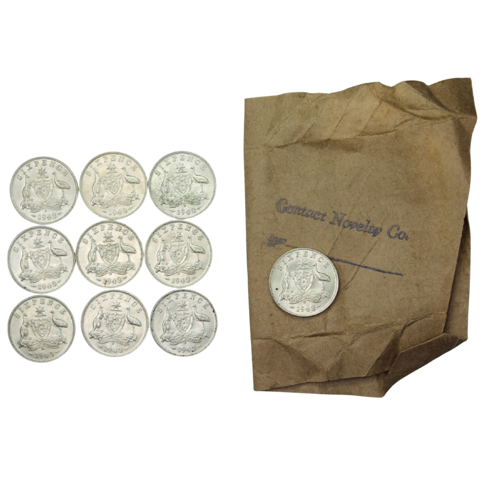 Australia 1943 D Sixpences, about Uncirculated / Uncirculated (10 coins): 'Contact Novelty Co.' Hoard (Wrapper included) Medium 355 Literature In 2015 a cache of approximately 20,000 War-era sixpences were discovered during a swimming pool excavation in the Eastern suburbs 