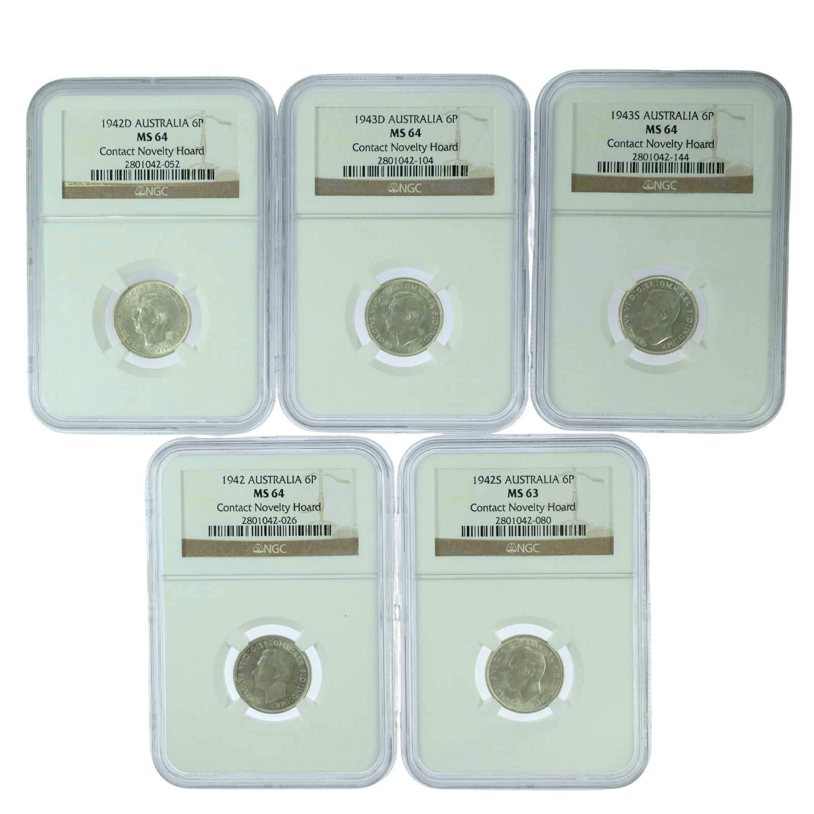 Australia 1942 (M), 1942 S, 1942 D, 1943 S, 1943 D Sixpences, Matched Set - NGC MS64: Ex 'Contact Novelty Hoard'