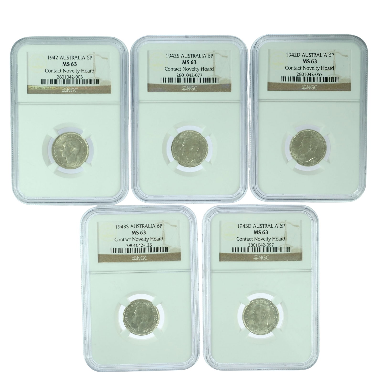 Australia 1942 (M), 1942 S, 1942 D, 1943 S, 1943 D Sixpences, Matched Set - NGC MS63: Ex 'Contact Novelty Hoard'