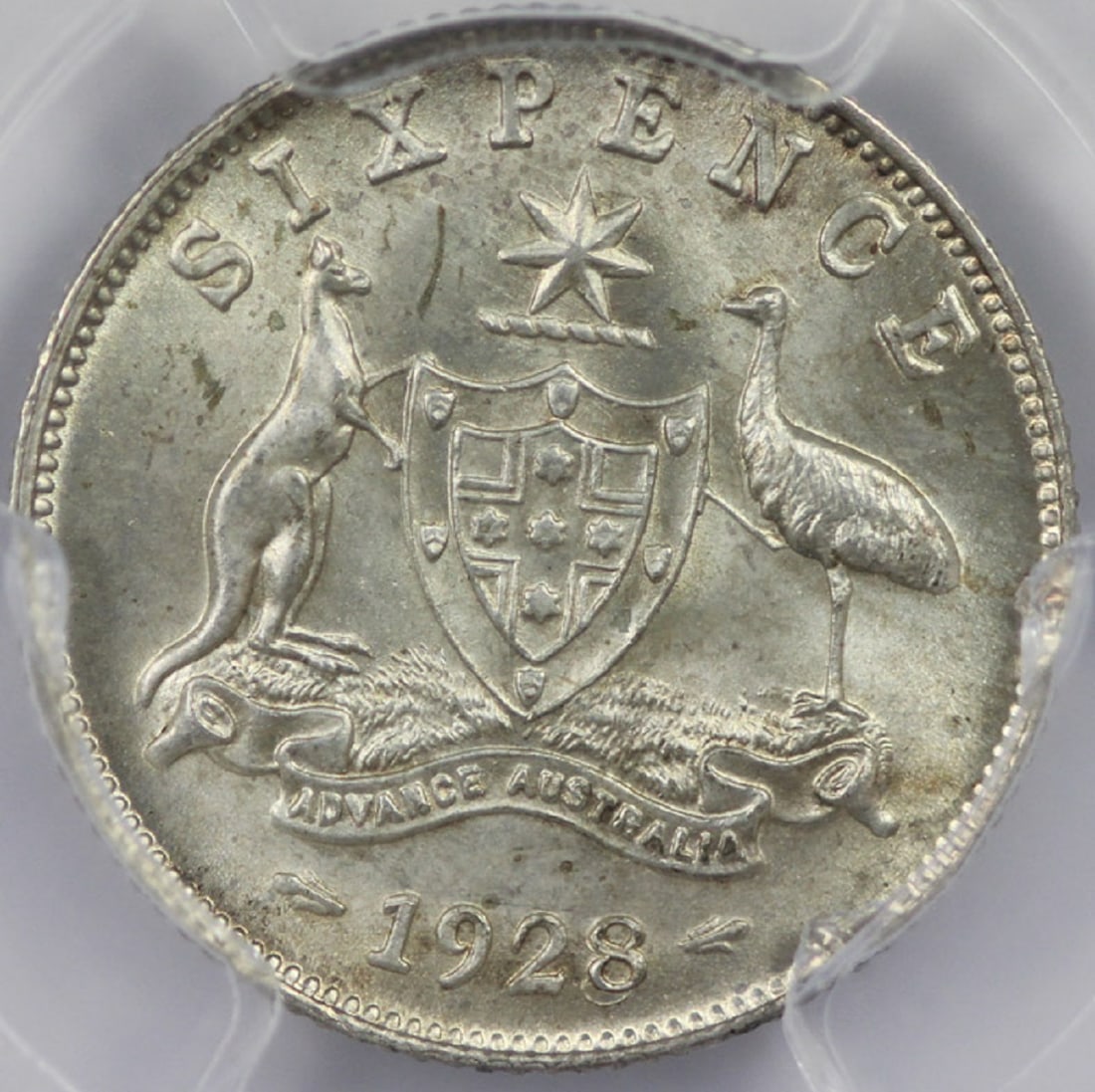 Australia 1928 Sixpence, PCGS MS65 (Pop 11): Highest graded PCGS MS66 (5) & 66+ (1) Size . Medium Coins, Monies & Stamps Exhibited Coins, Australia & New Zealand