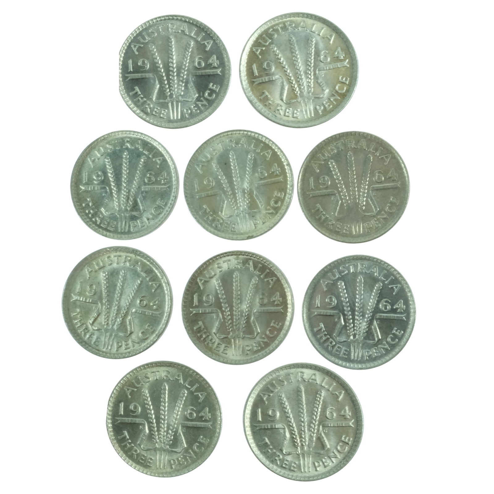 Australia 1964 Threepences, Brilliant Uncirculated (10 coins): QEII Size ASW 0.2267 Troy oz