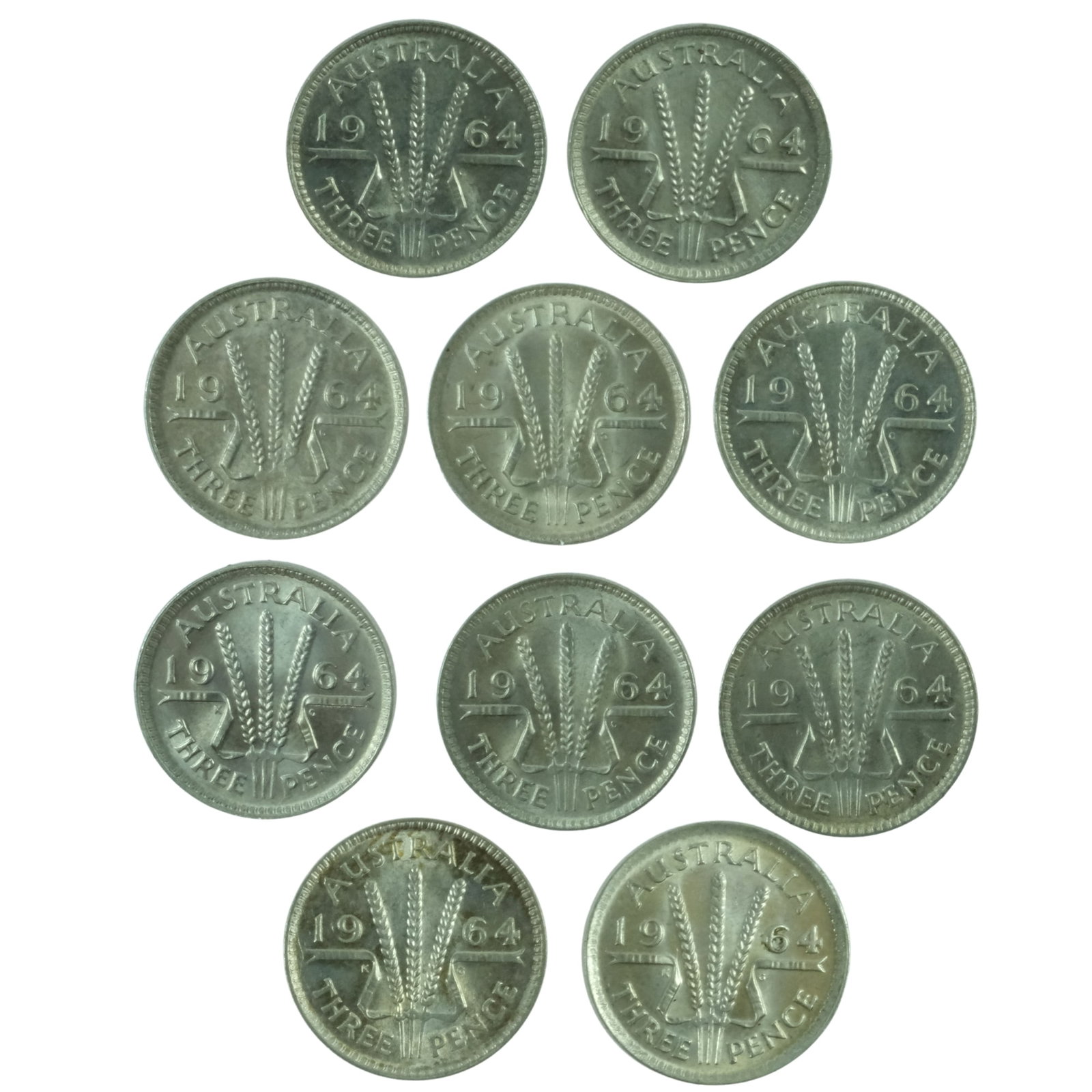 Australia 1964 Threepences, Brilliant Uncirculated (10 coins): QEII Size ASW 0.2267 Troy oz