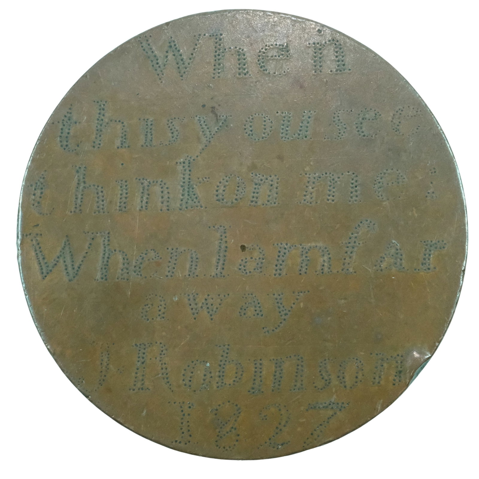 Australia c.1827 Convict Love Token - James Robinson (Age 18) on stipple engraved 1797 1d: Obv: Portrait of Geo II, Rev: "When / this you see / think on me / When I am far / away ' J Robinson / 1827" Size Diameter 36mm Literature James (Jas) Robinson was transported for life to Van