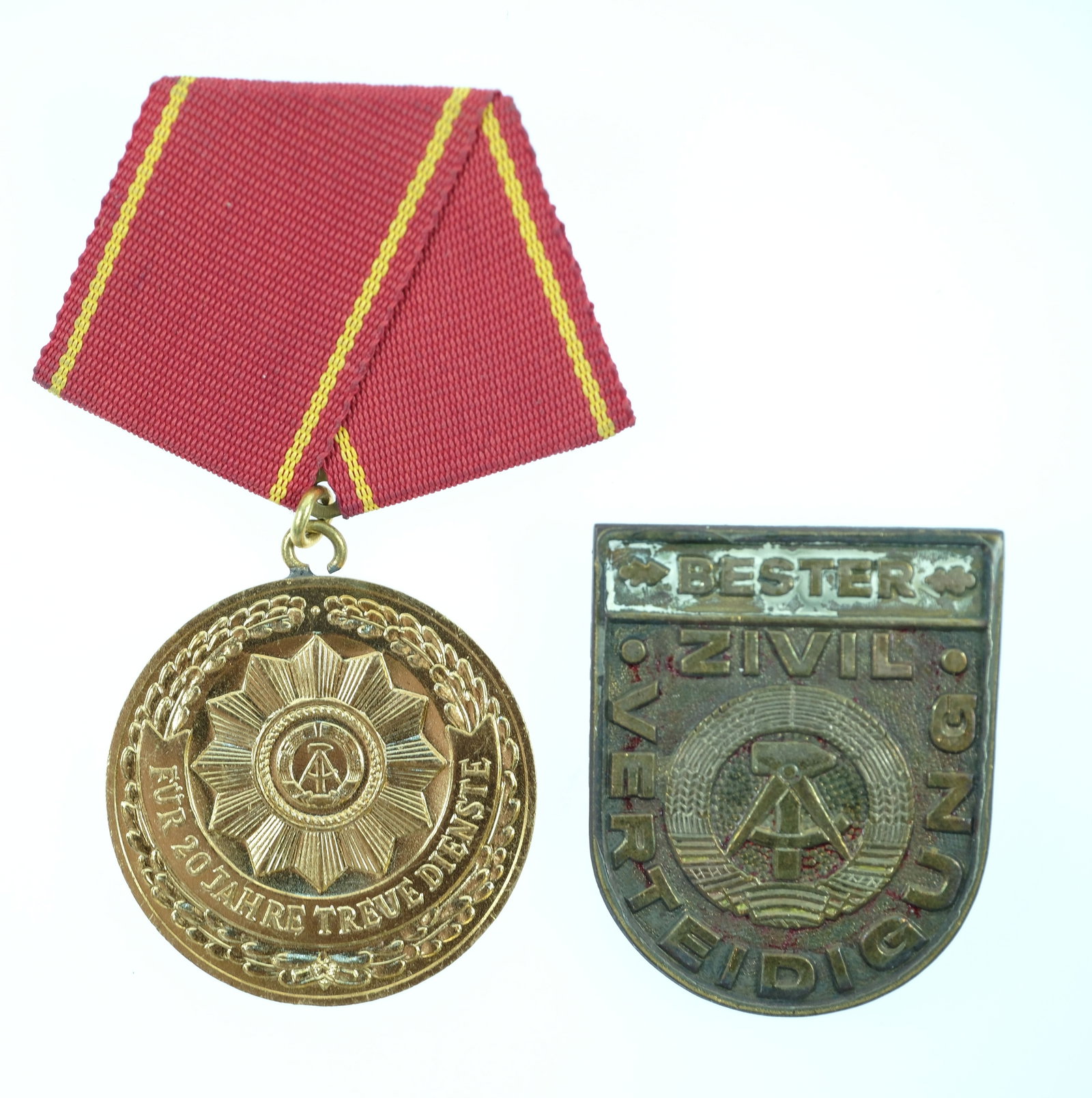 East Germany Civil Defence Badge & 20 Years Armed Service Medal with Ribbon (2 items) (1 of 1)