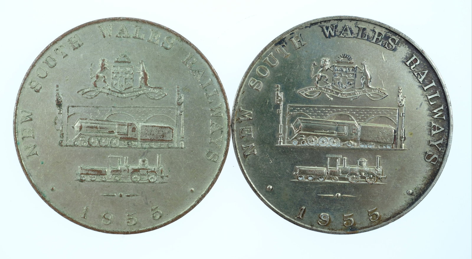 Australia 1955 'New South Wales Railway' Commemorative Medalets, about Uncirculated (2): . Size Diameters 31mm