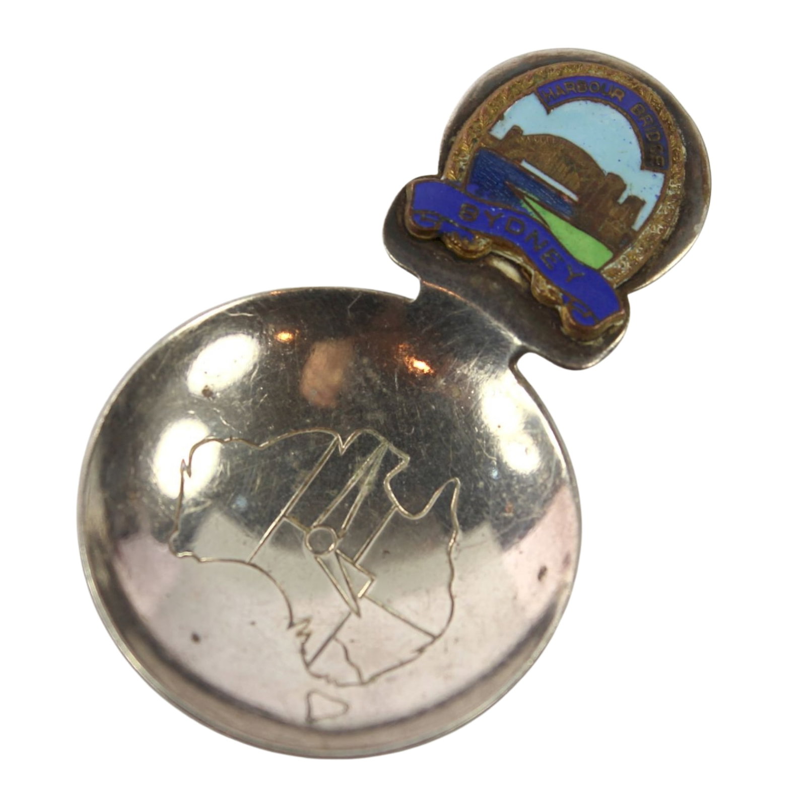 Vintage Australian Tea Caddy Spoon with enamelled badge of the Sydney Harbour Bridge attached: Marked Lustre Plate A1 Size Length 6.5cms Medium Decorative Art Exhibited Silver & Vertu