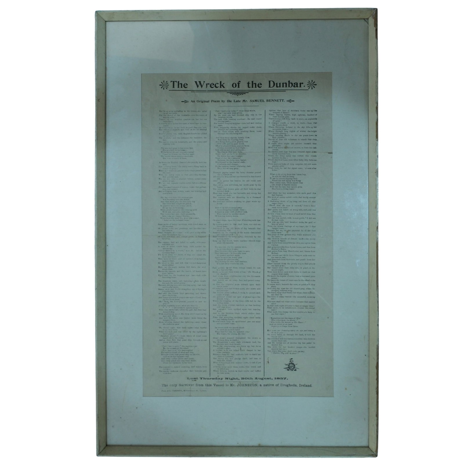 "The Wreck of the Dunbar" an original poem by the Late Mr. Samuel Bennett: Written and independently published in 1880 by Sydney journalist and historian Samuel Bennett Size Frame measures 58x37cms Medium Boats Literature The Dunbar was a timber three-masted full-rigged