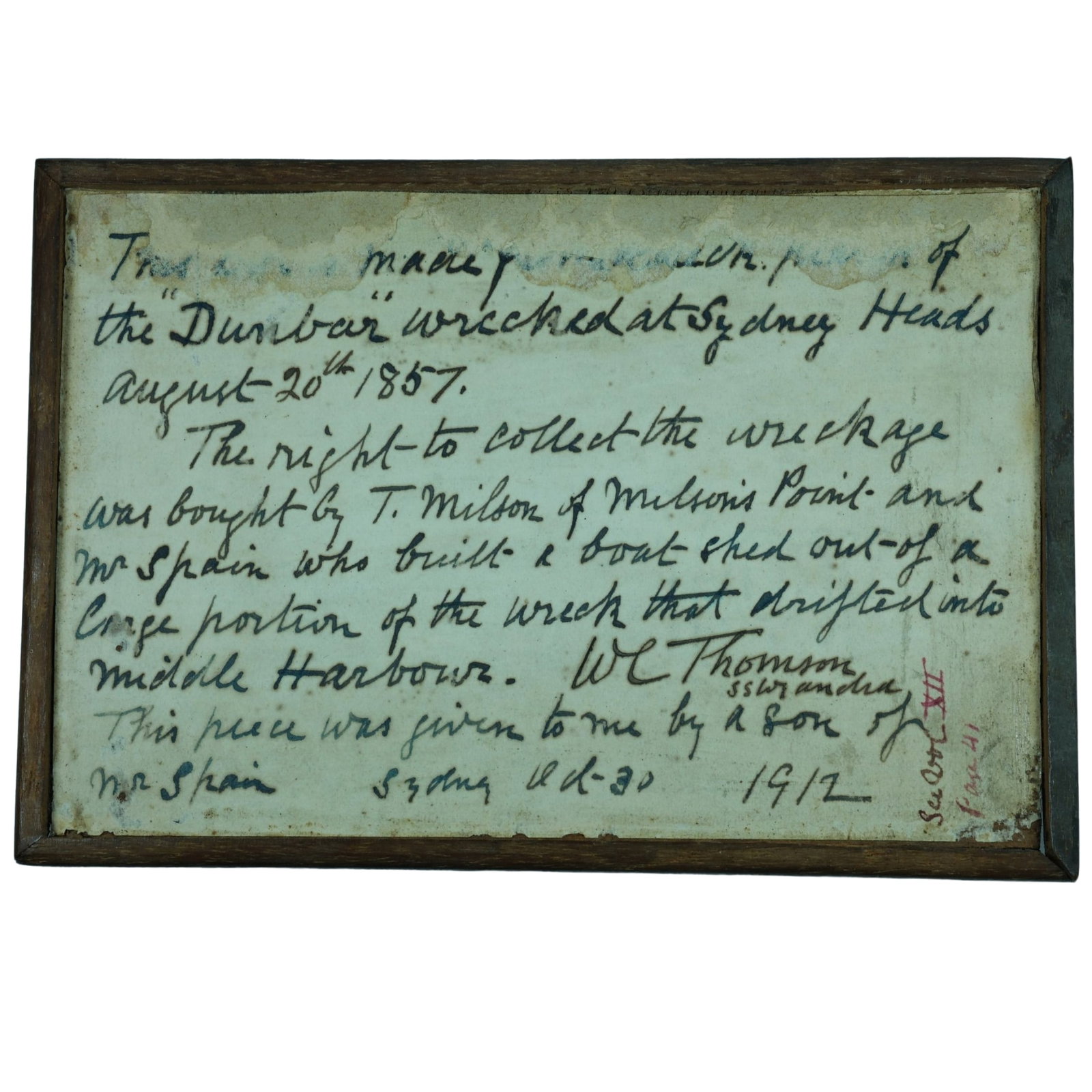 Timber frame relic on which is written on the reverse the "Dunbar / 20th August 1857": The frame houses a penned note that reads, "This ???? made from ???? of the "Dunbar" wrecked at Sydney Heads August 20th 1857. The right to collect the wreckage was bought by T. Milson of Milson's