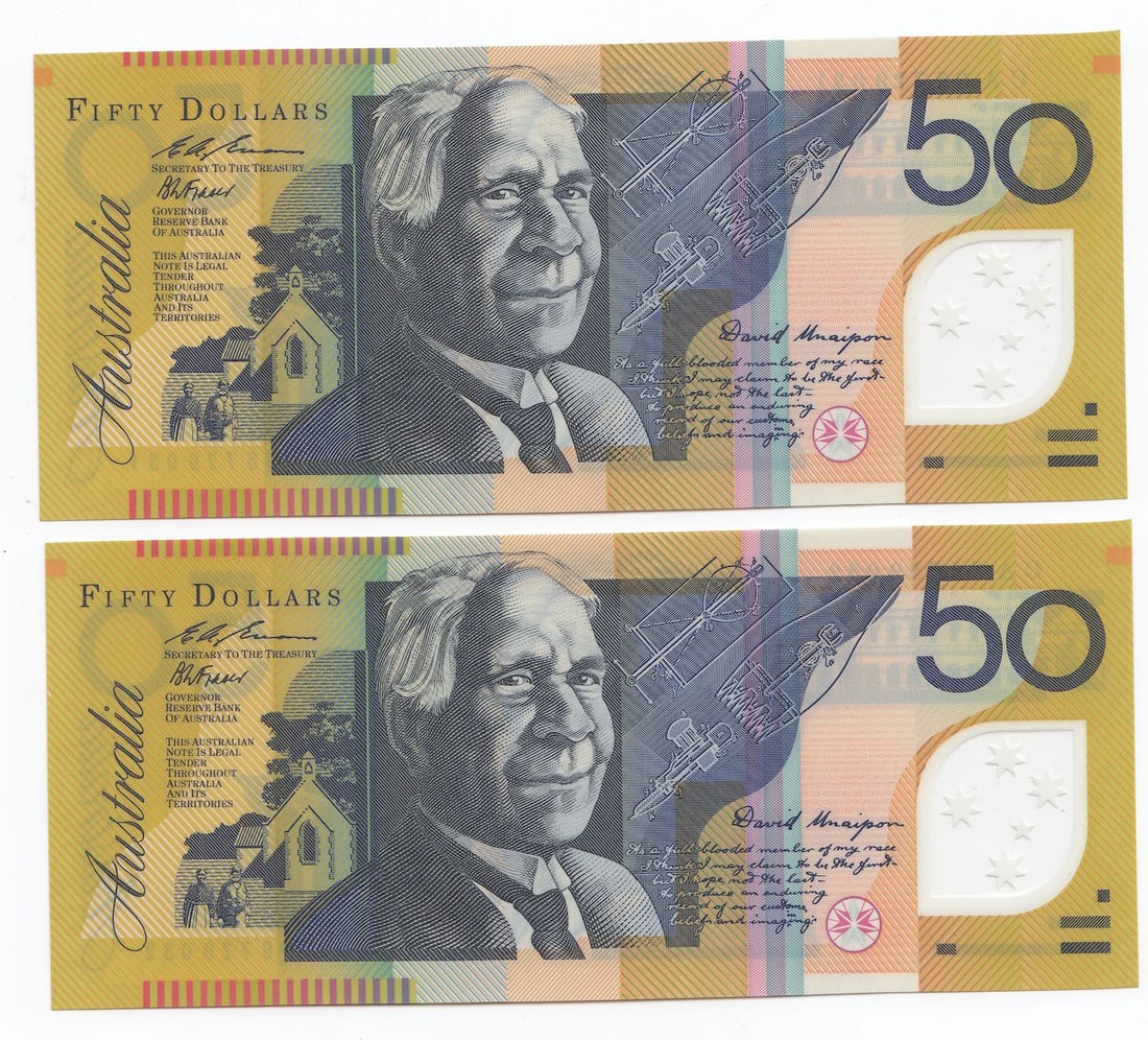 Australia 'Fraser - Evans' General Prefix $50 (1996), Uncirculated (Consecutive Pair) - 2
