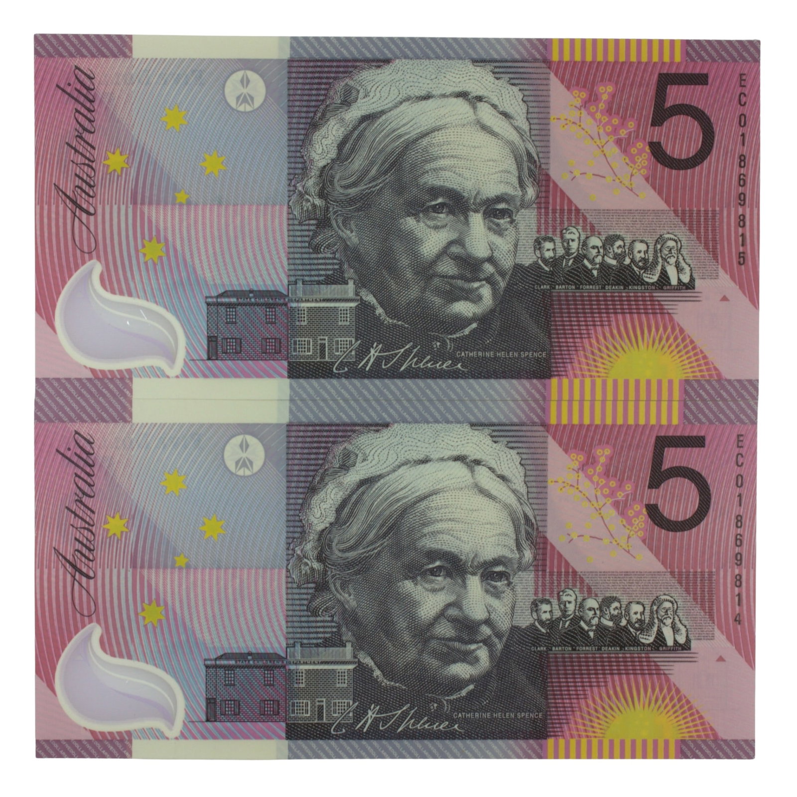 Australia 'Macfarlane - Evans' Federation $5's (2001), Uncirculated (Consecutive Pair): Renniks# 219 : Serial# EC01 869814-5 Exhibited 396