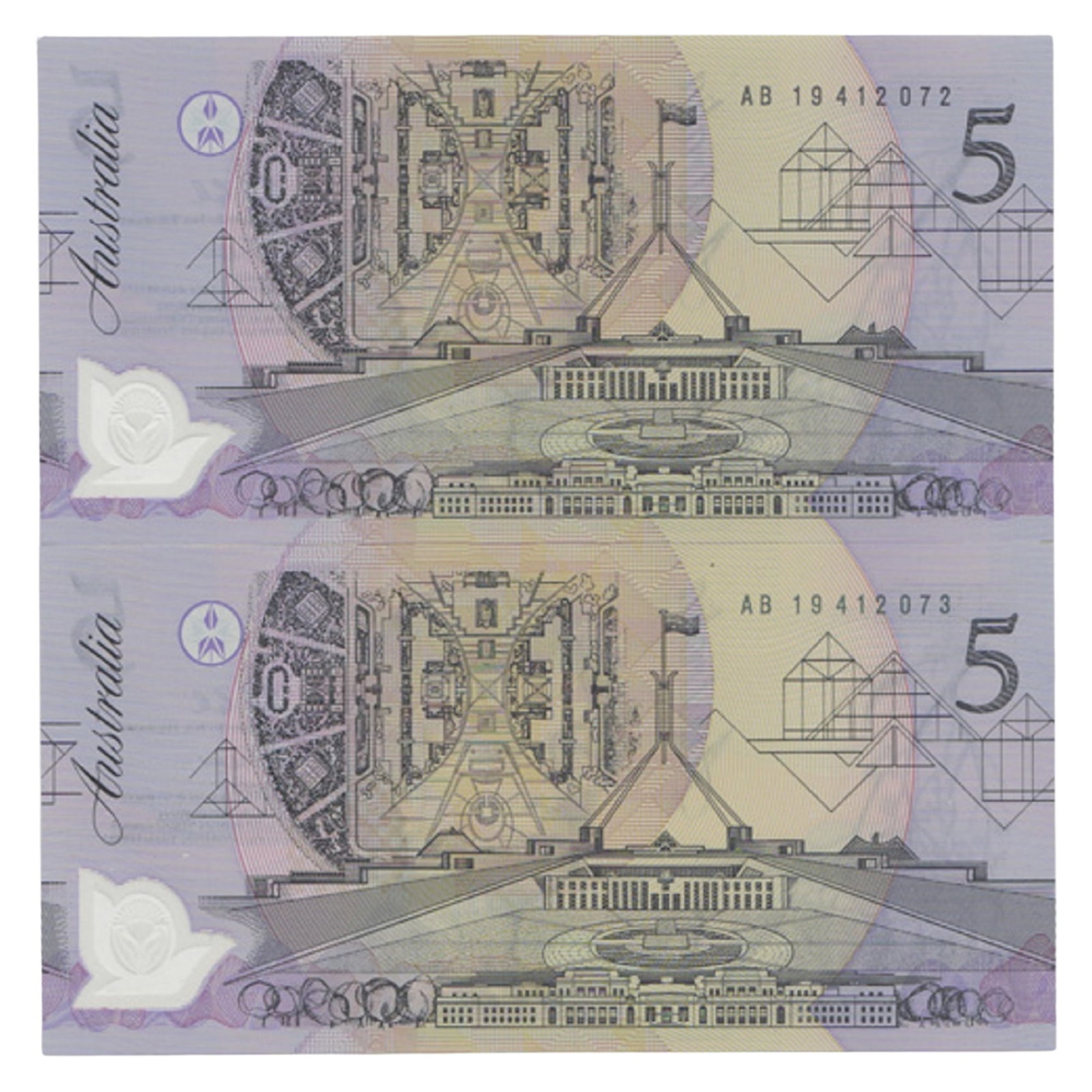 Australia 'Fraser - Cole' AB19 - Last Prefix Dark & Pale Green $5's (1992), Uncirc (Consec Pair) (1 of 2)
