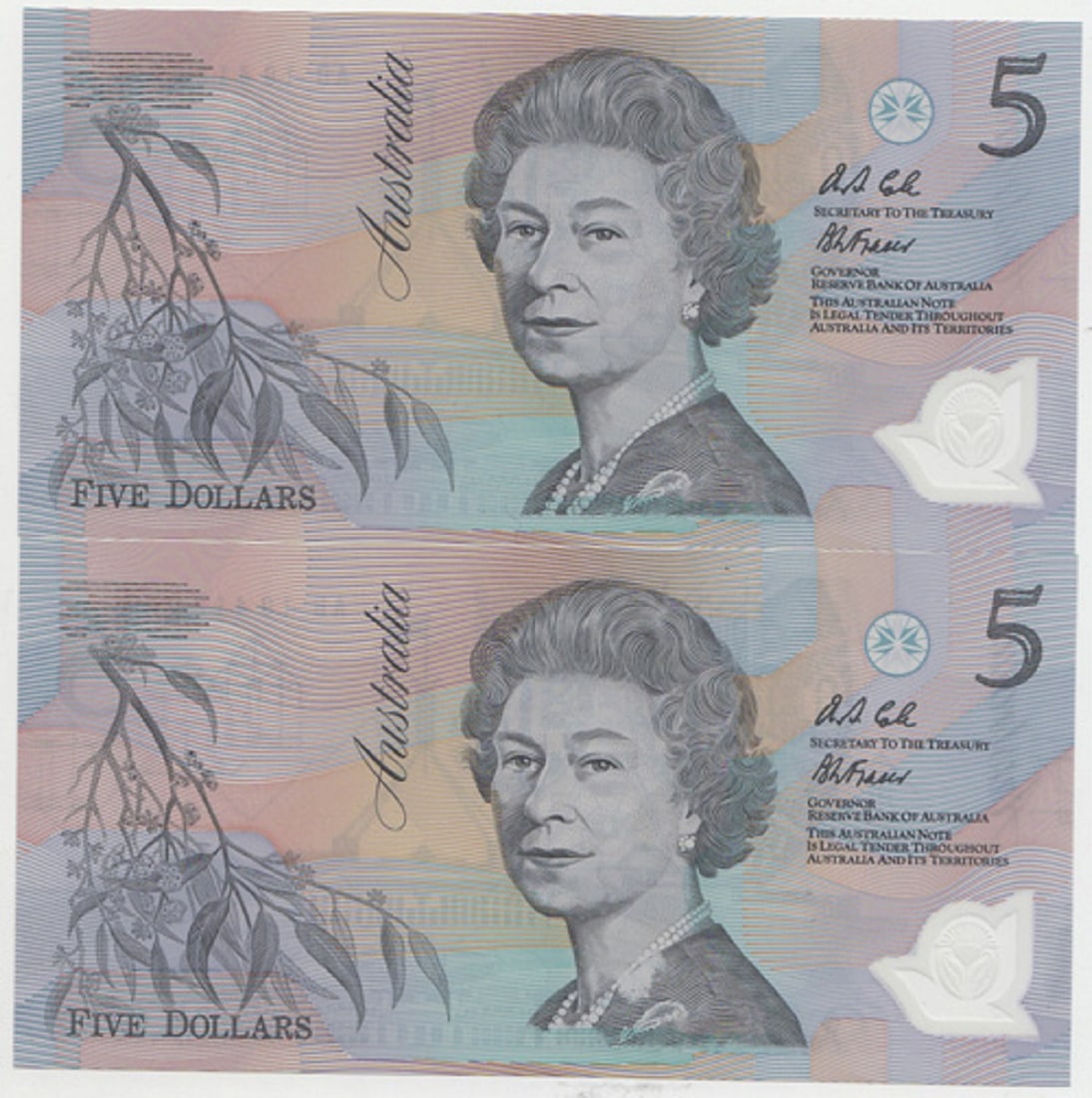 Australia 'Fraser - Cole' AB19 - Last Prefix Dark & Pale Green $5's (1992), Uncirc (Consec Pair) - 2