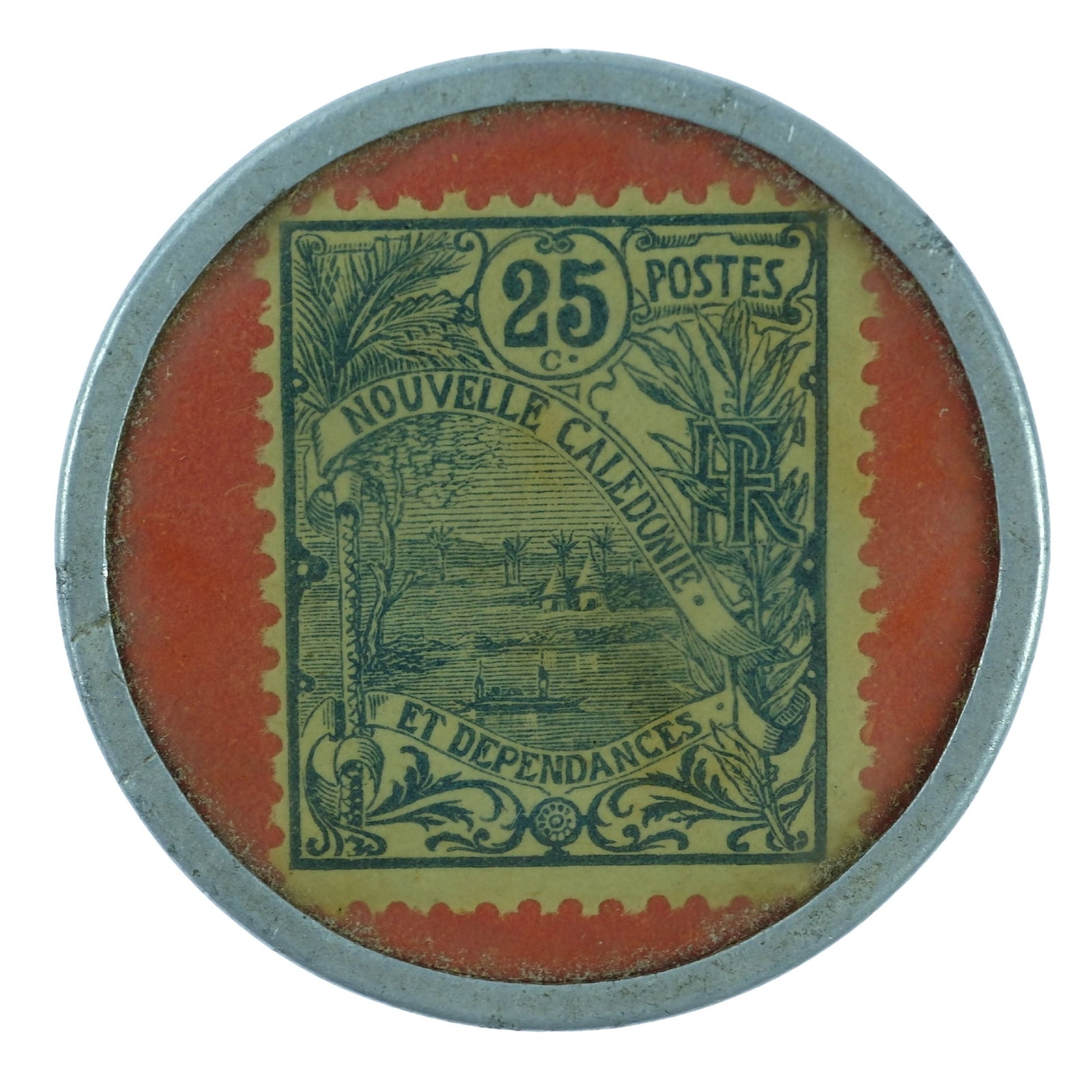 New Caledonia 1920 - 23 'Emergency' issue 25 Centimes (encapsulated Postage Stamp), Uncirculated: Bank of Indo-China